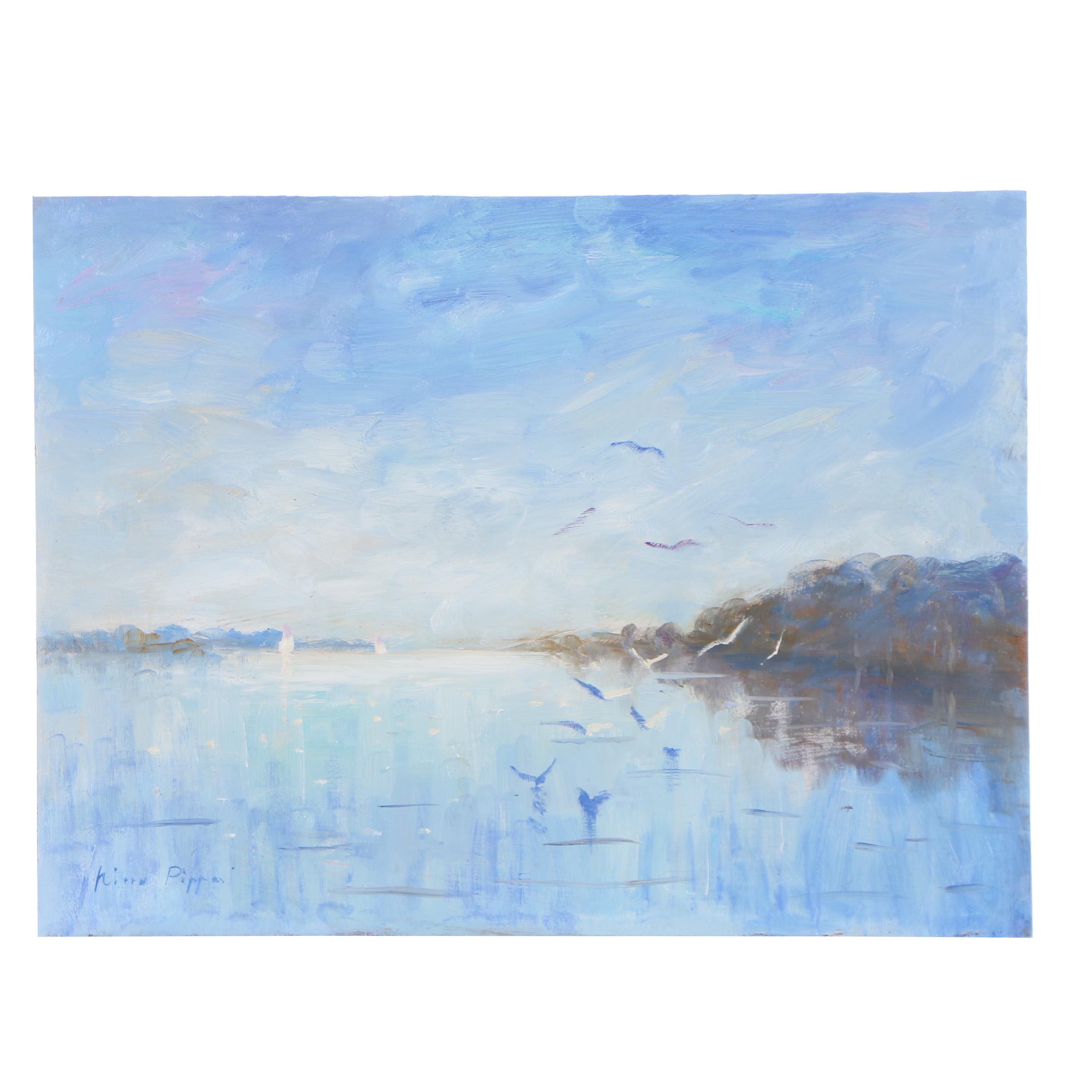 Nino Pippa Oil Painting "Oise River - Sailboats and Seagulls"
