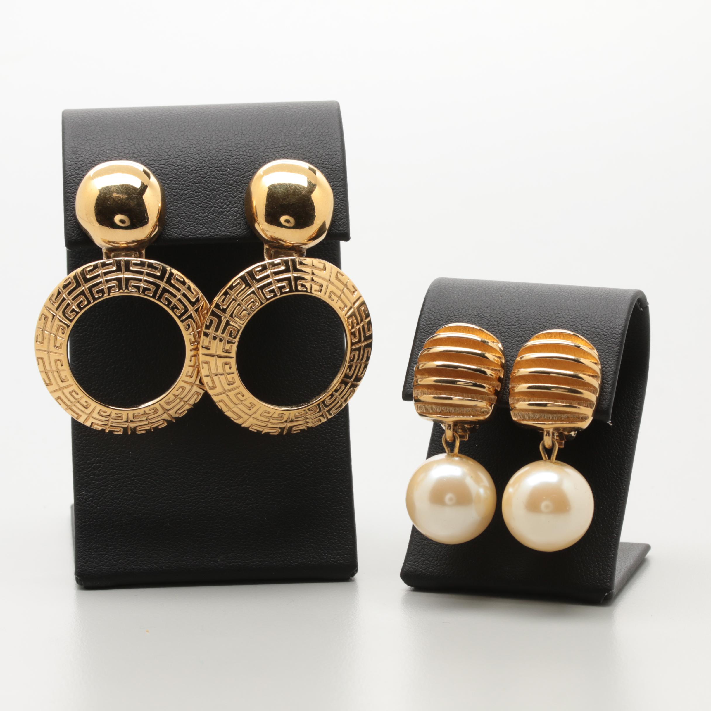 Pair of 1980s Givenchy Gold Tone Logo Statement Earrings