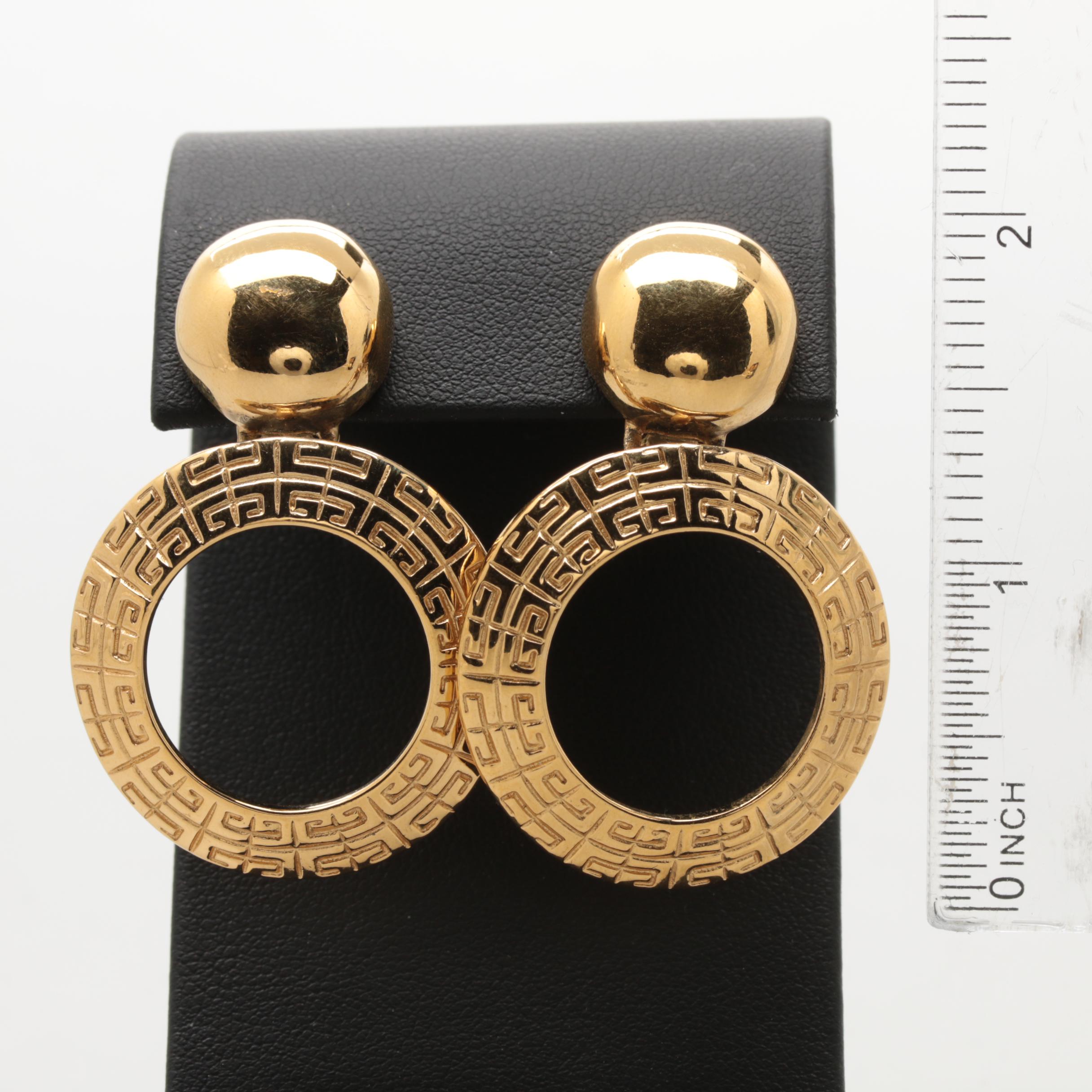 Pair of 1980s Givenchy Gold Tone Logo Statement Earrings