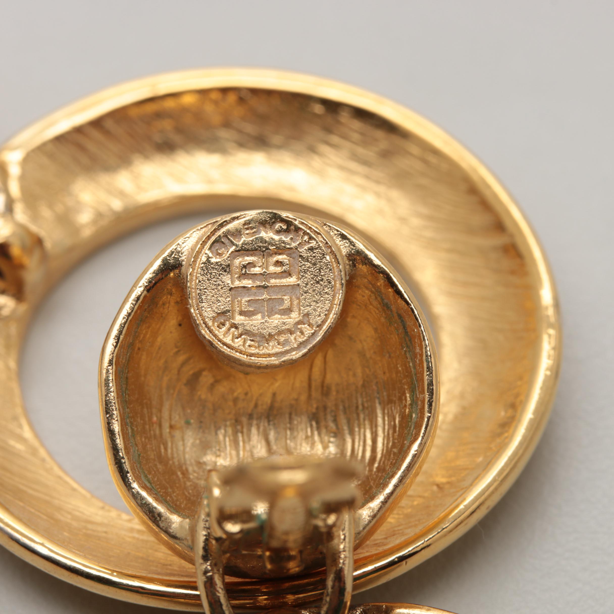 Pair of 1980s Givenchy Gold Tone Logo Statement Earrings