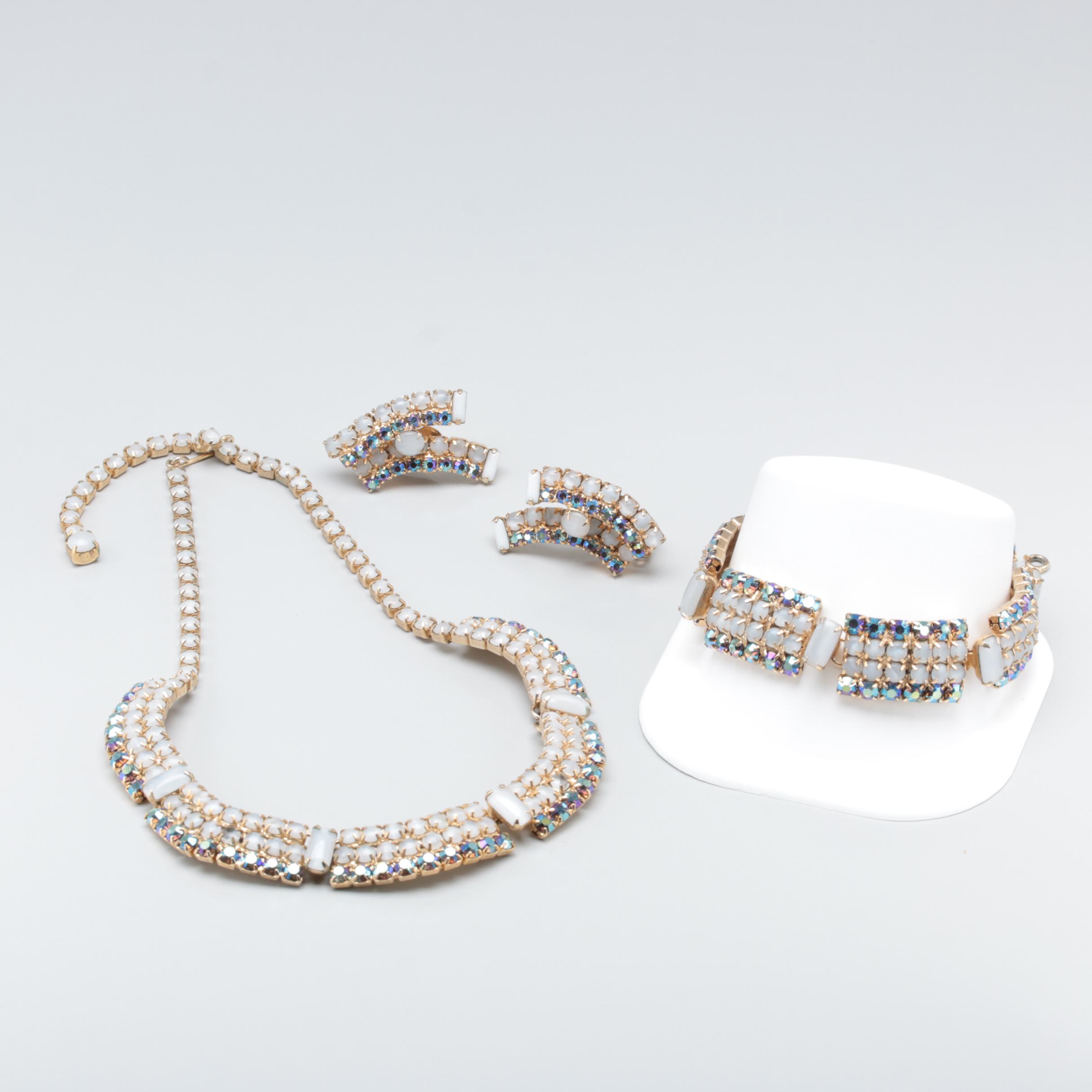 1960s Iridescent Rhinestone and Opalite Glass Jewelry Parure