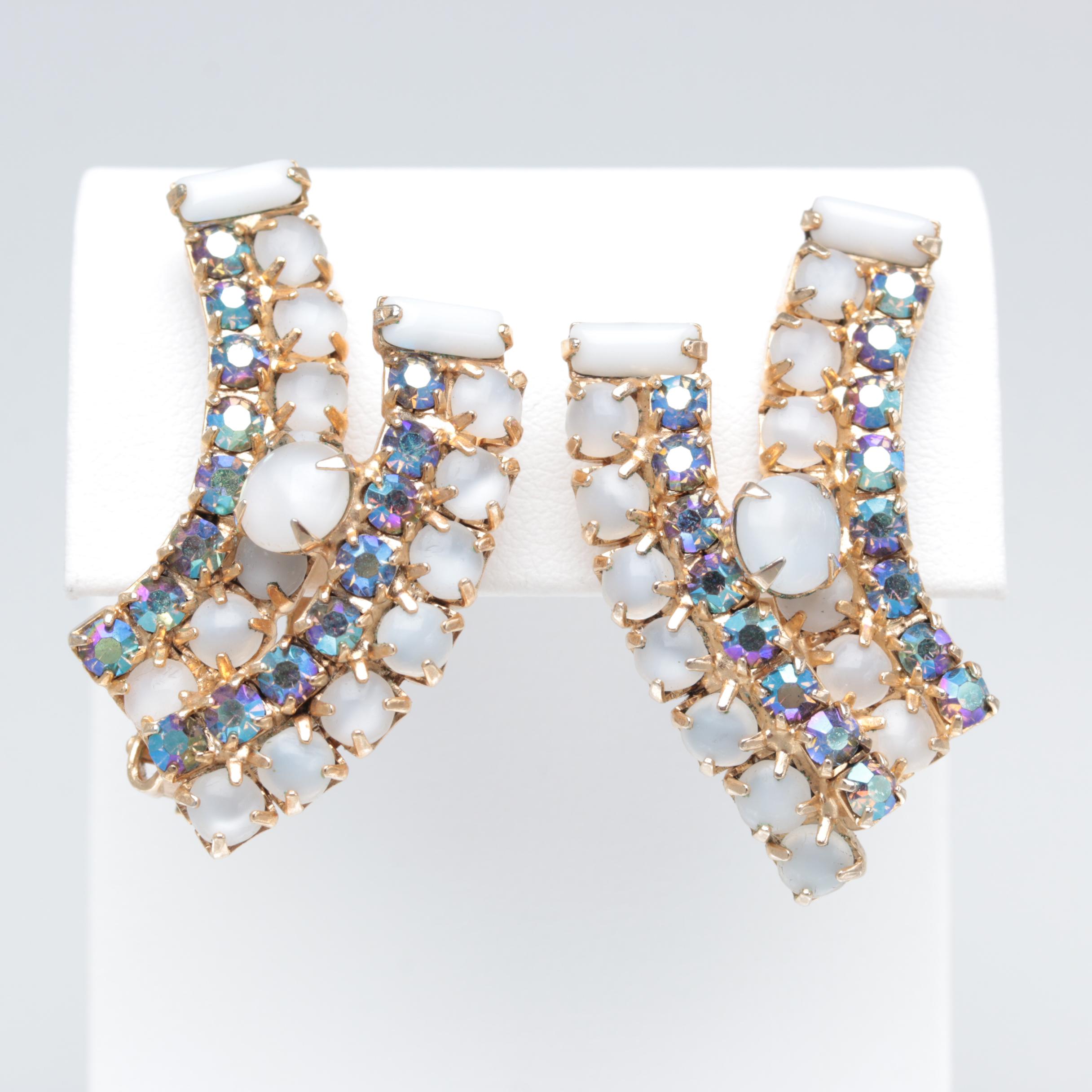 1960s Iridescent Rhinestone and Opalite Glass Jewelry Parure