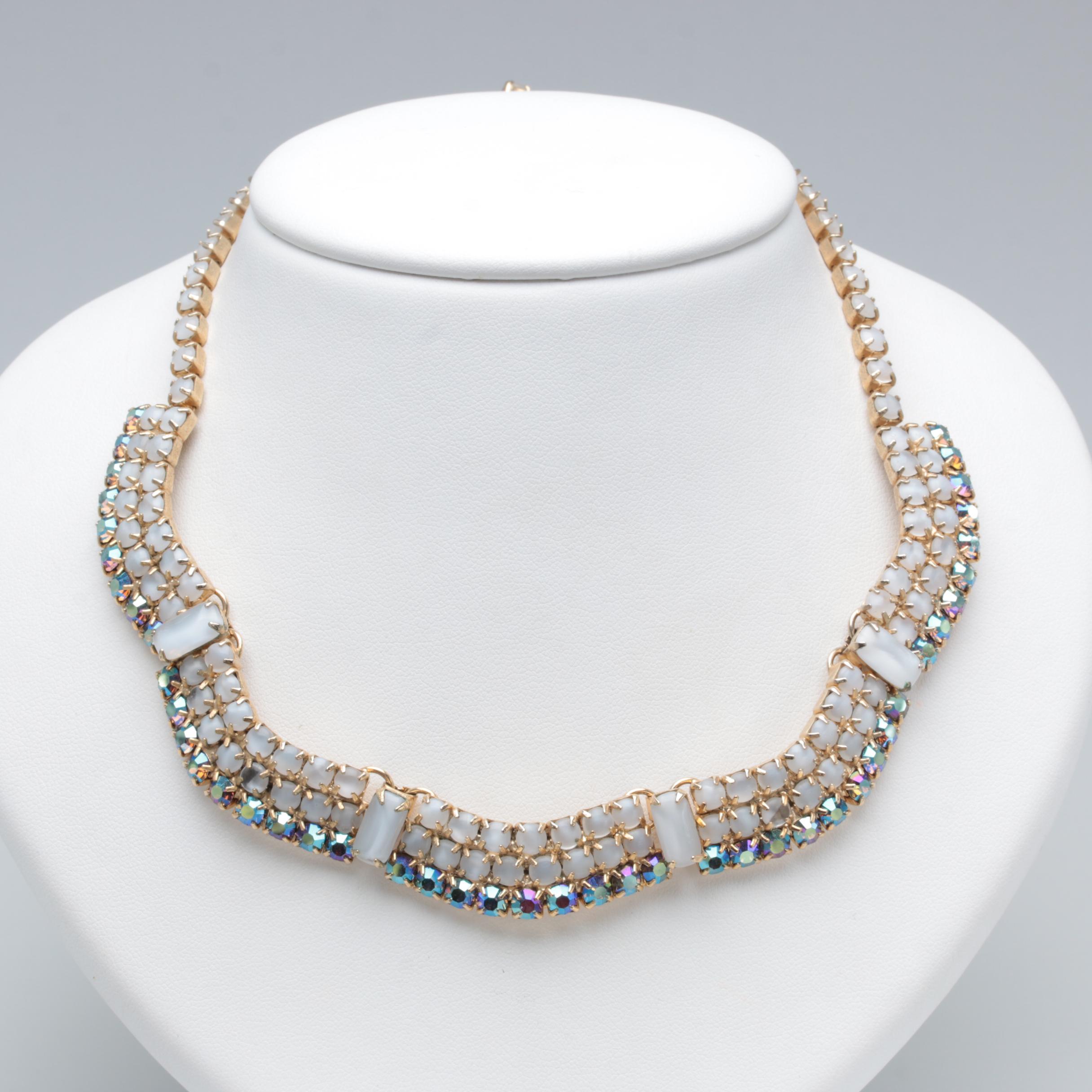1960s Iridescent Rhinestone and Opalite Glass Jewelry Parure