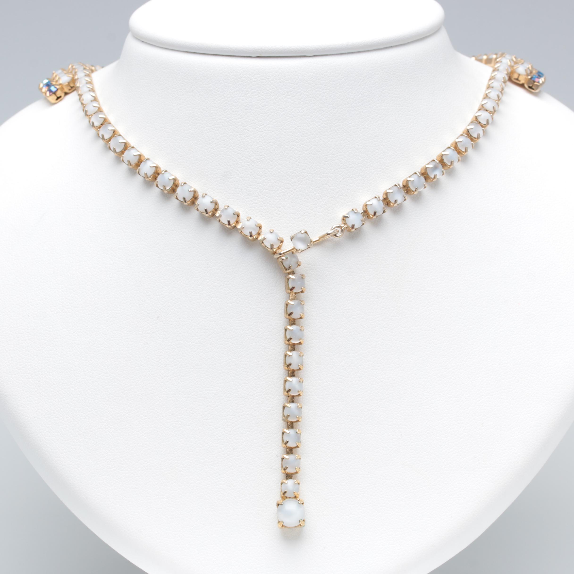 1960s Iridescent Rhinestone and Opalite Glass Jewelry Parure