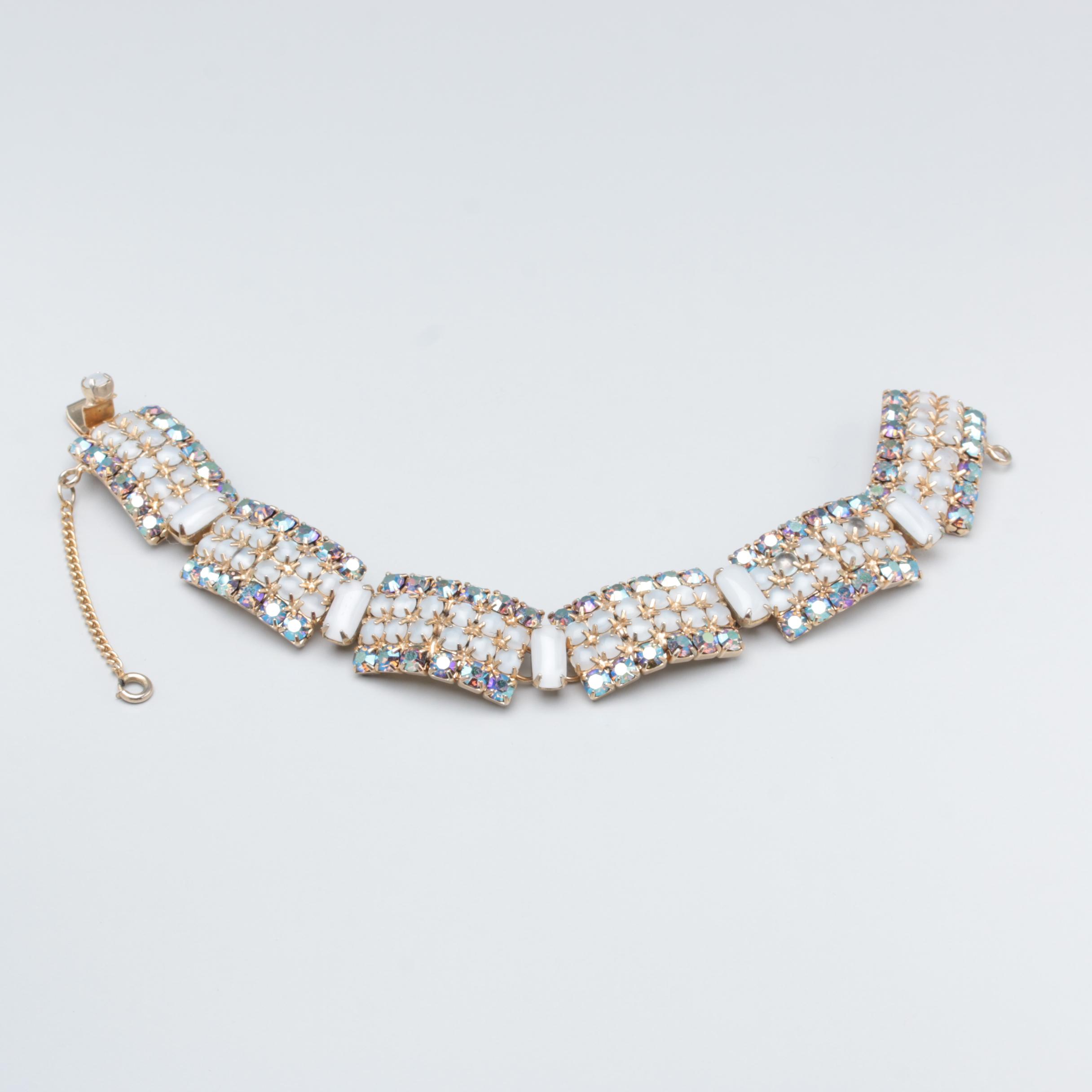 1960s Iridescent Rhinestone and Opalite Glass Jewelry Parure