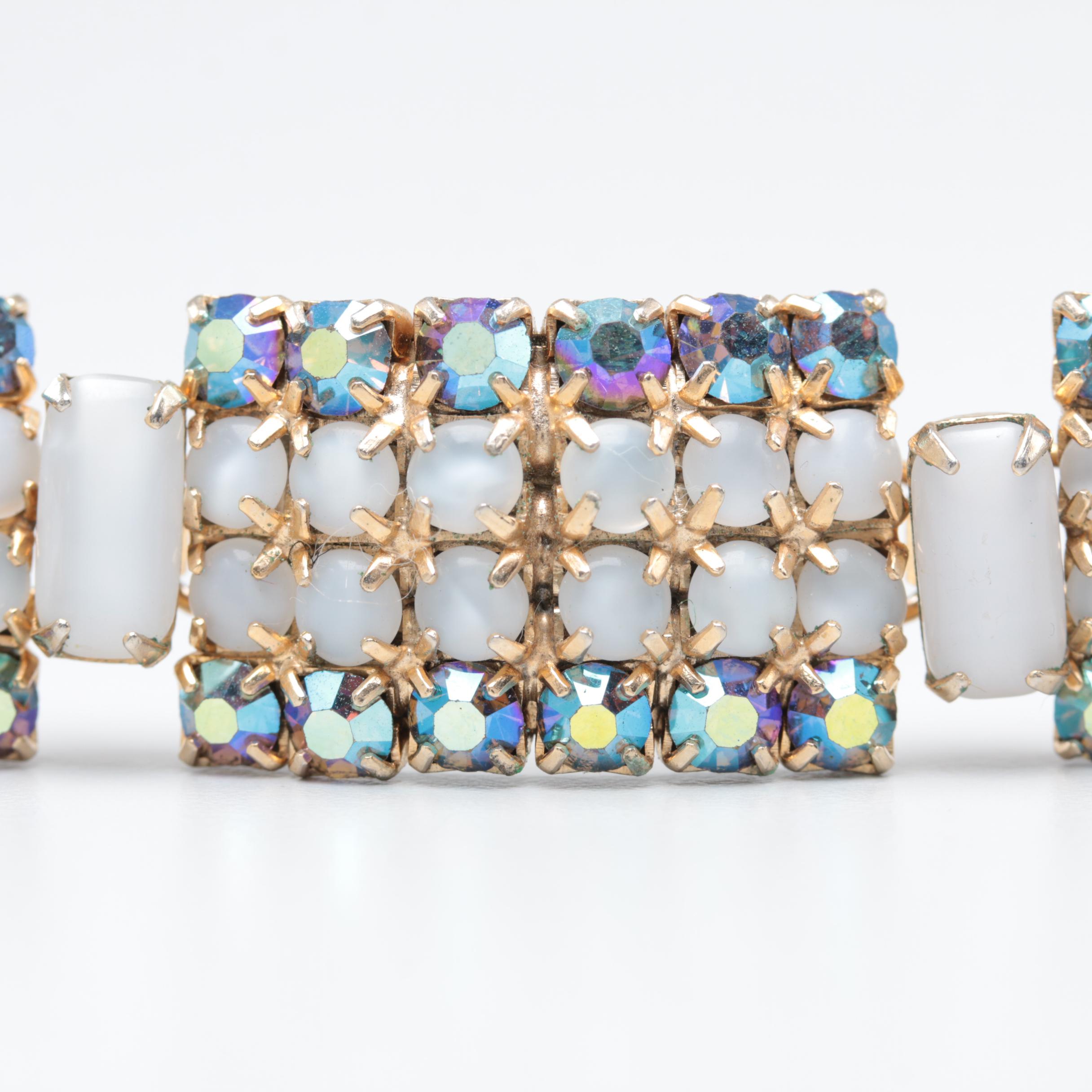 1960s Iridescent Rhinestone and Opalite Glass Jewelry Parure