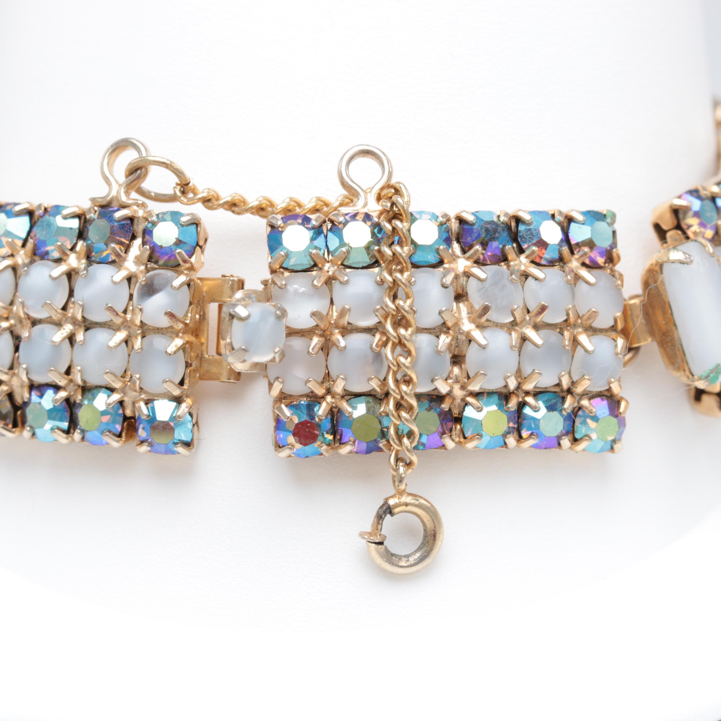 1960s Iridescent Rhinestone and Opalite Glass Jewelry Parure