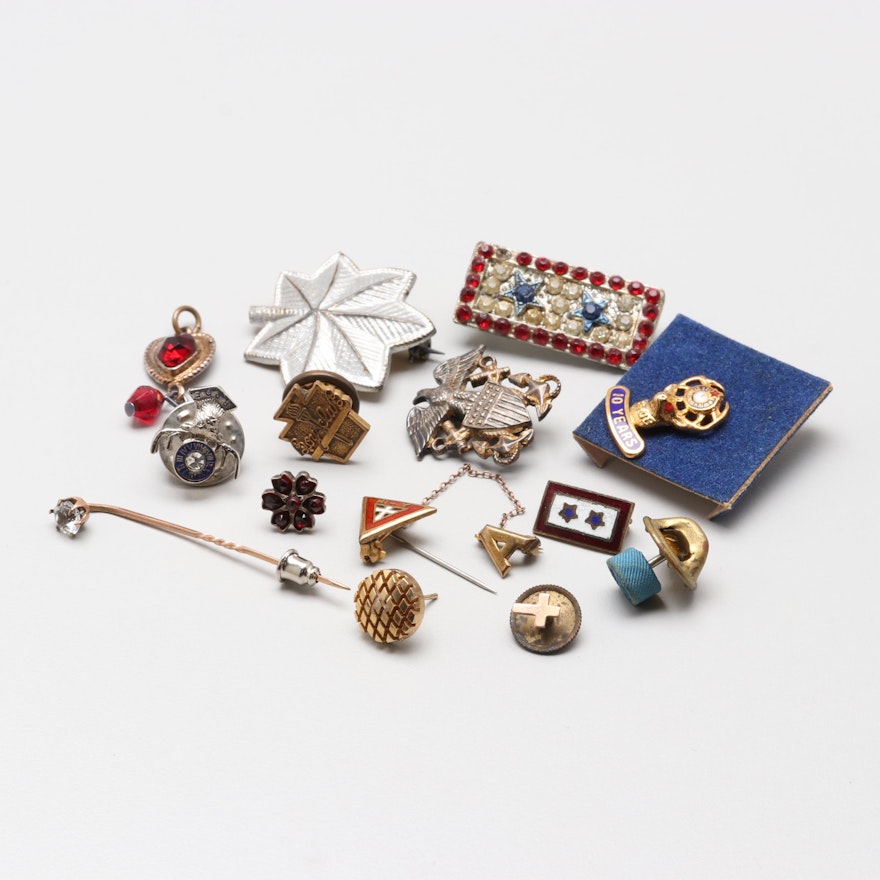 Jewelry Assortment Including Garnet, U.S. Navy and Elks Lodge Pins