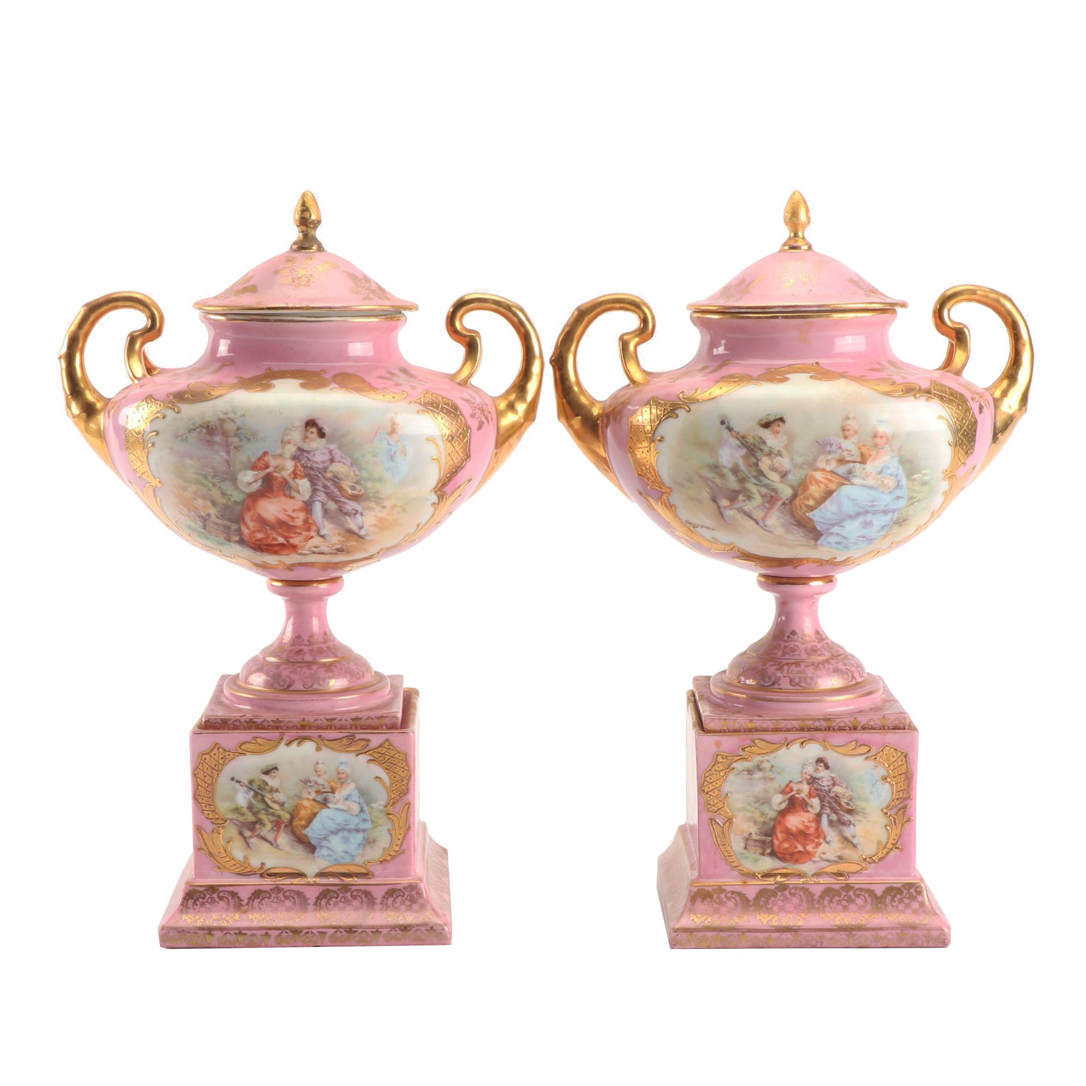 Ackermann and Fritze Royal Vienna Style Porcelain Mantel Urns, Mid-19th Century
