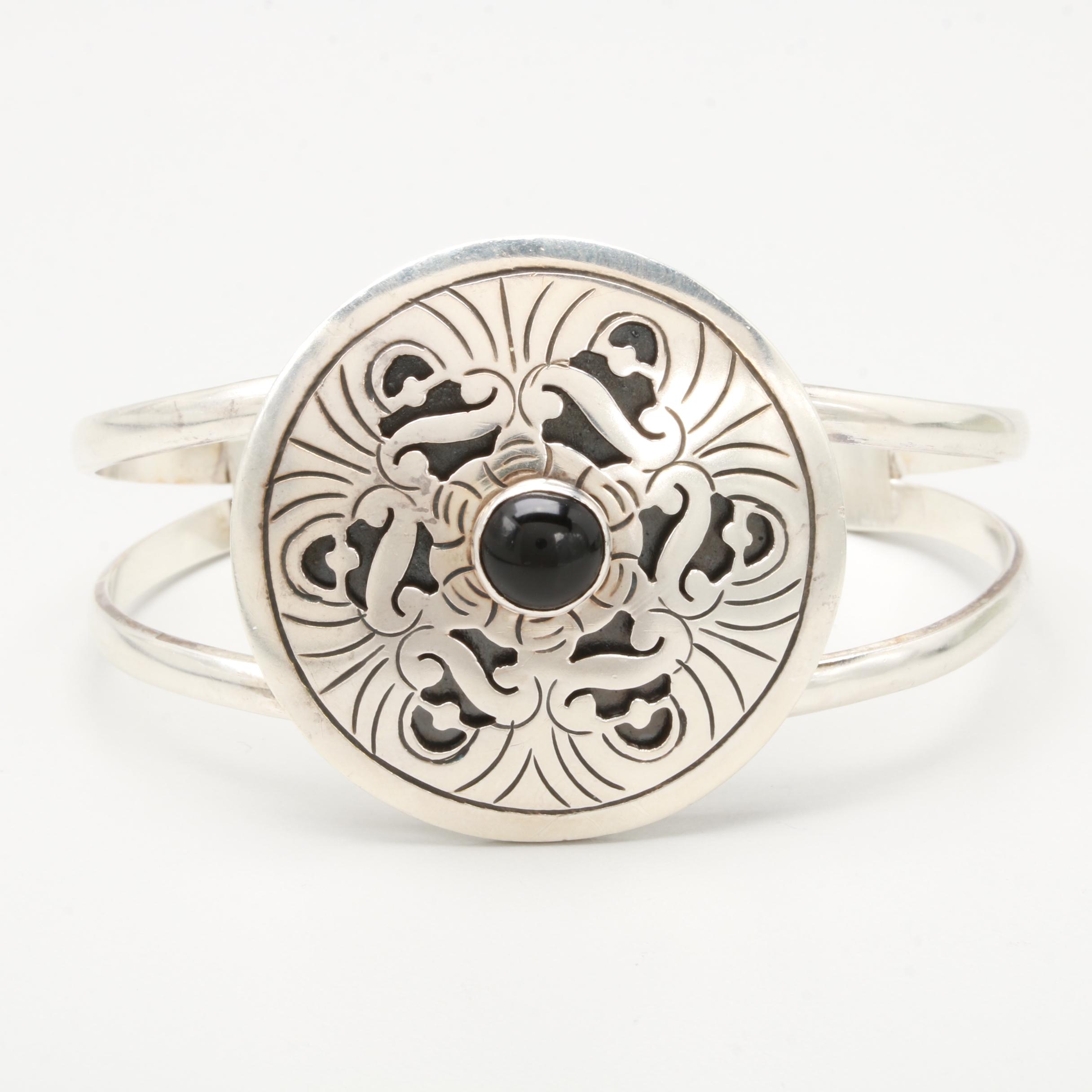 Taxco Sterling Silver Imitation Black Onyx Bracelet