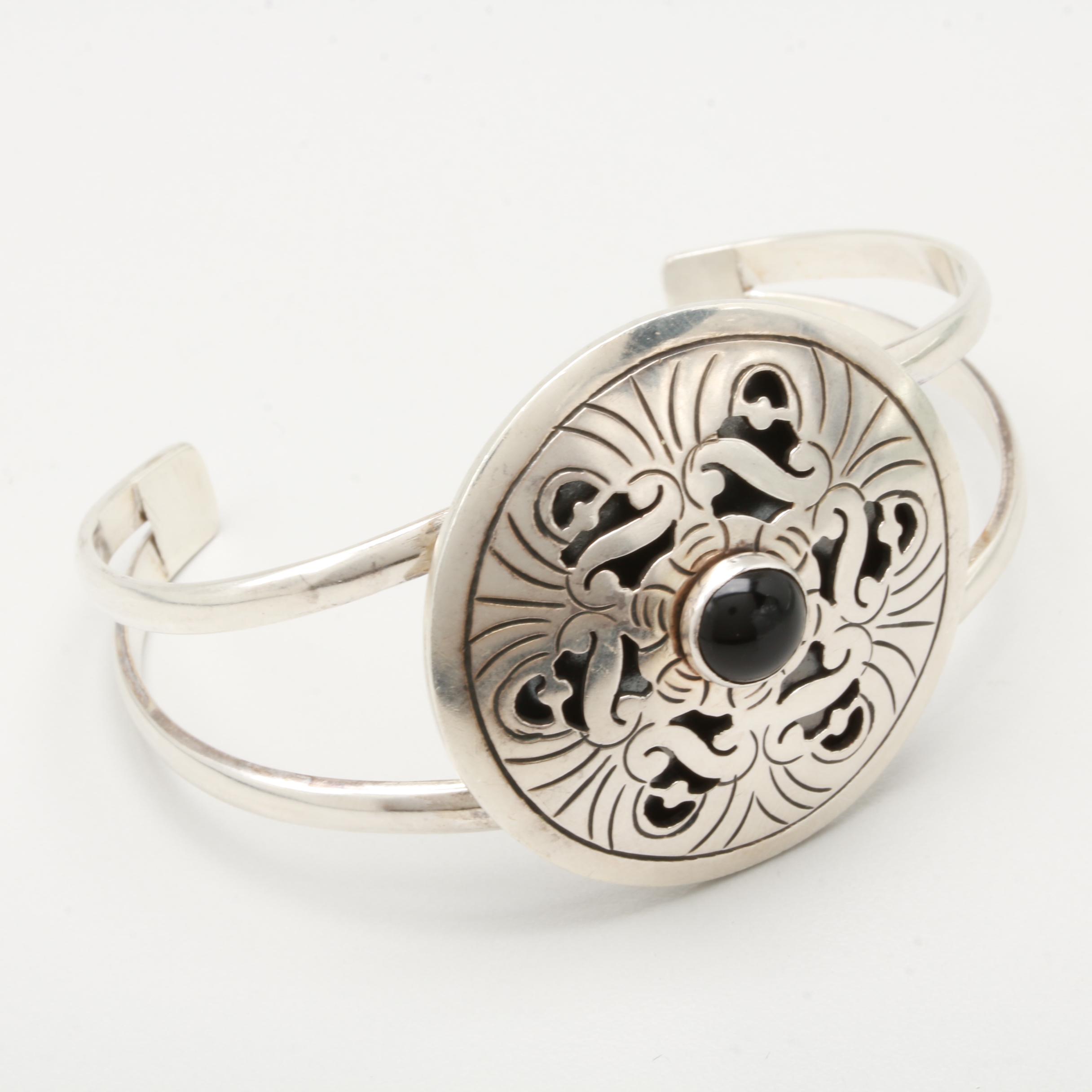 Taxco Sterling Silver Imitation Black Onyx Bracelet