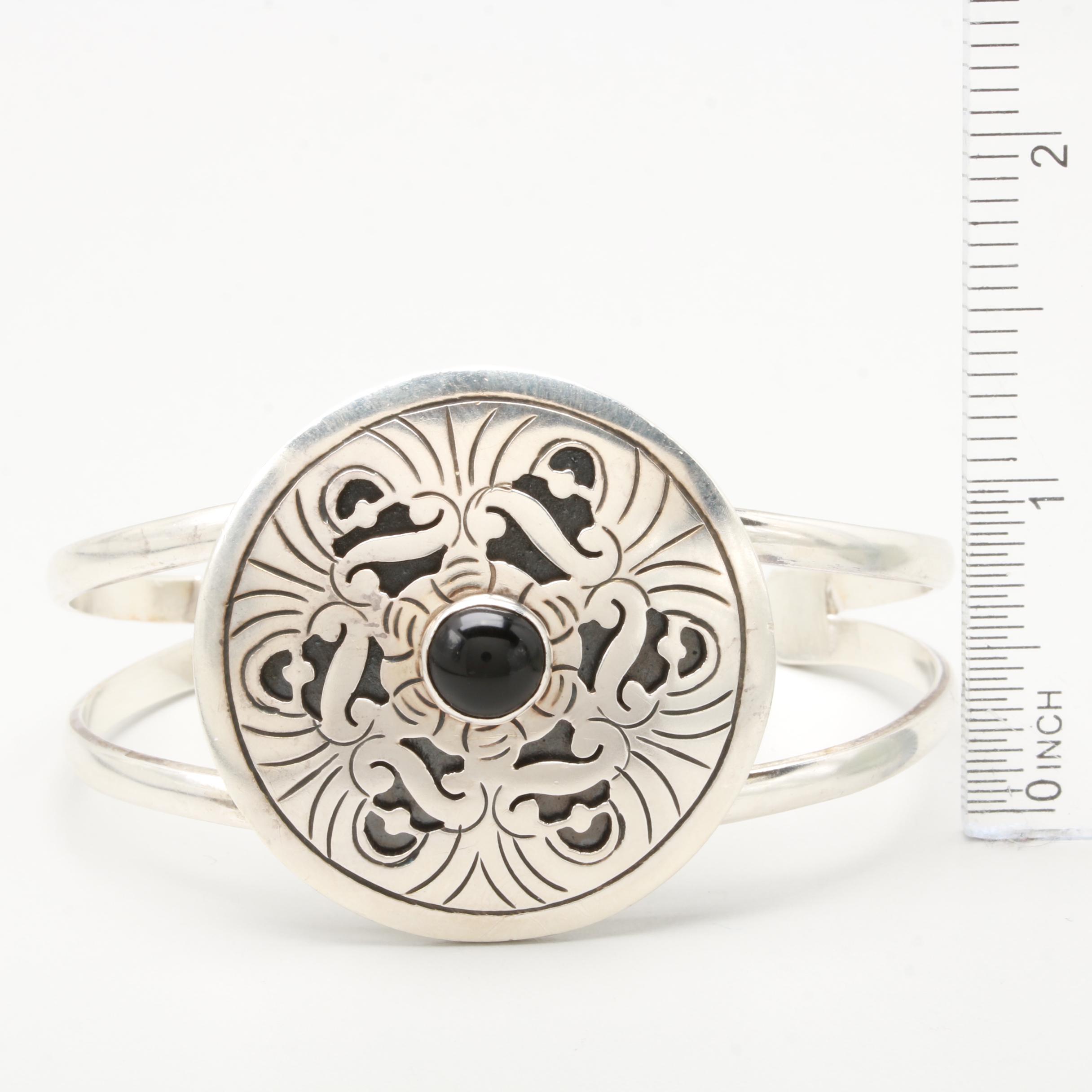 Taxco Sterling Silver Imitation Black Onyx Bracelet