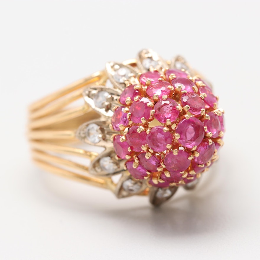 18K Yellow Gold Ruby and White Topaz Flower Ring