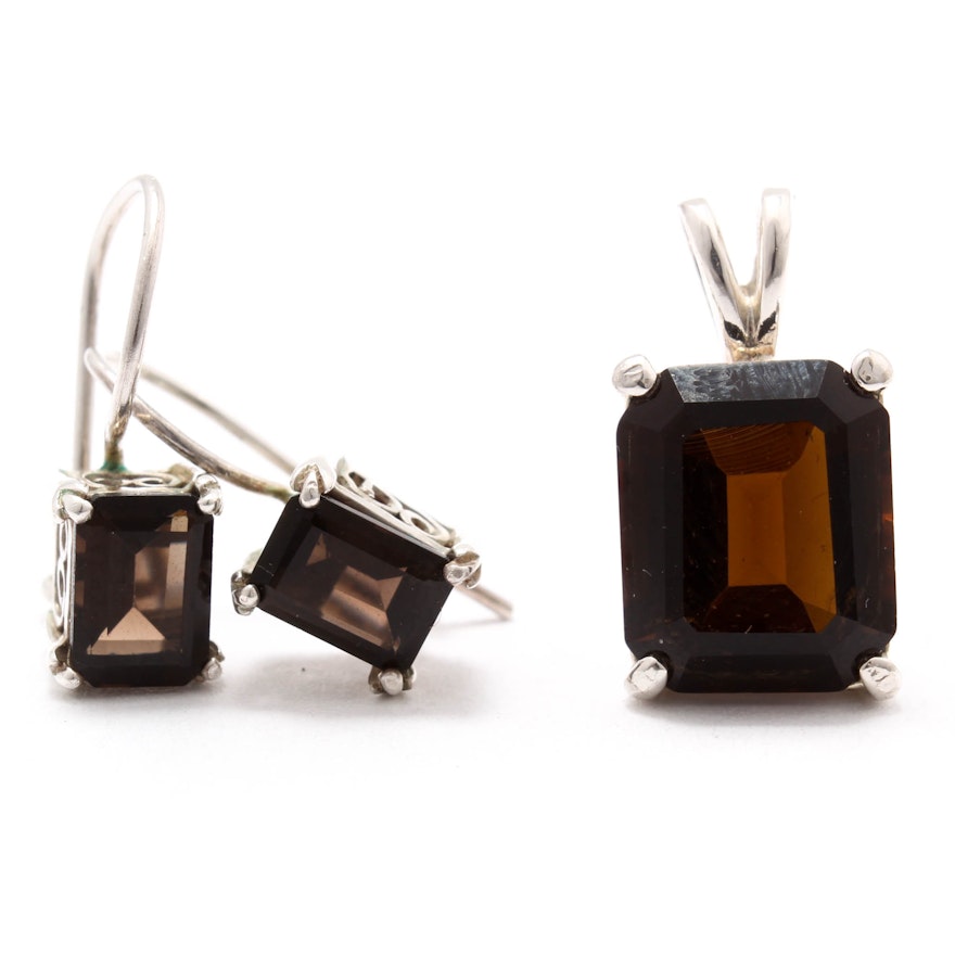 Sterling Silver Smoky Quartz Earrings and Pendant