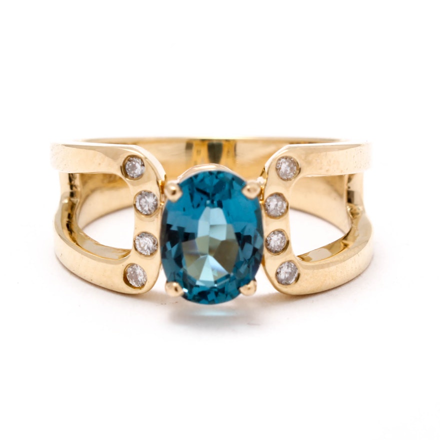 14K Yellow Gold Blue Topaz an Diamond Ring