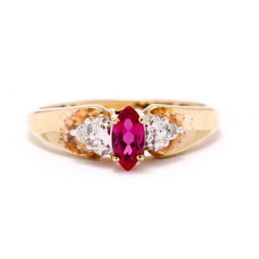 10K Yellow Gold Synthetic Ruby and Diamond Ring