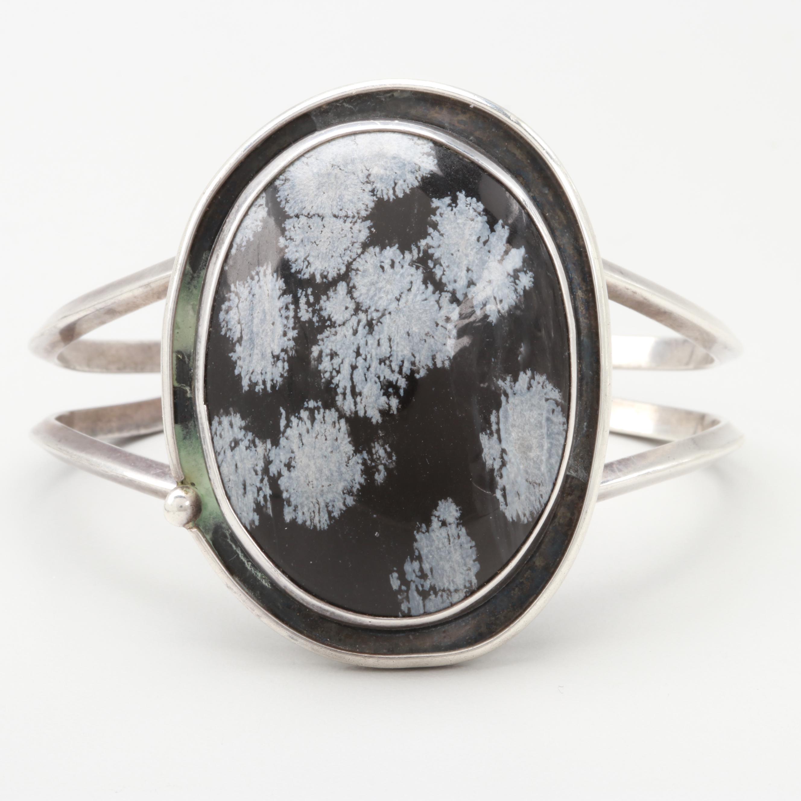 Vintage Sterling Silver Snowflake Obsidian Cabochon Bracelet