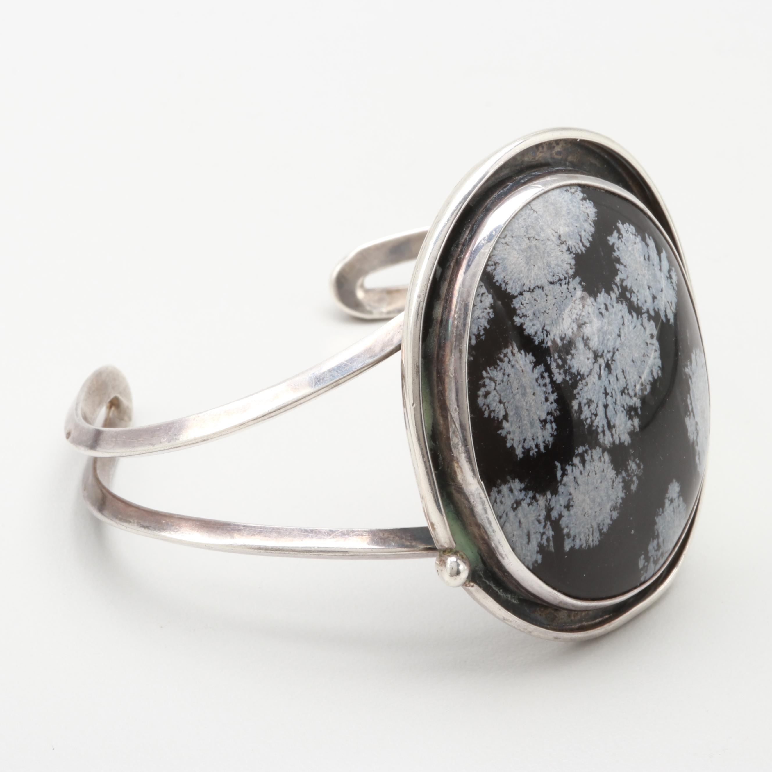 Vintage Sterling Silver Snowflake Obsidian Cabochon Bracelet