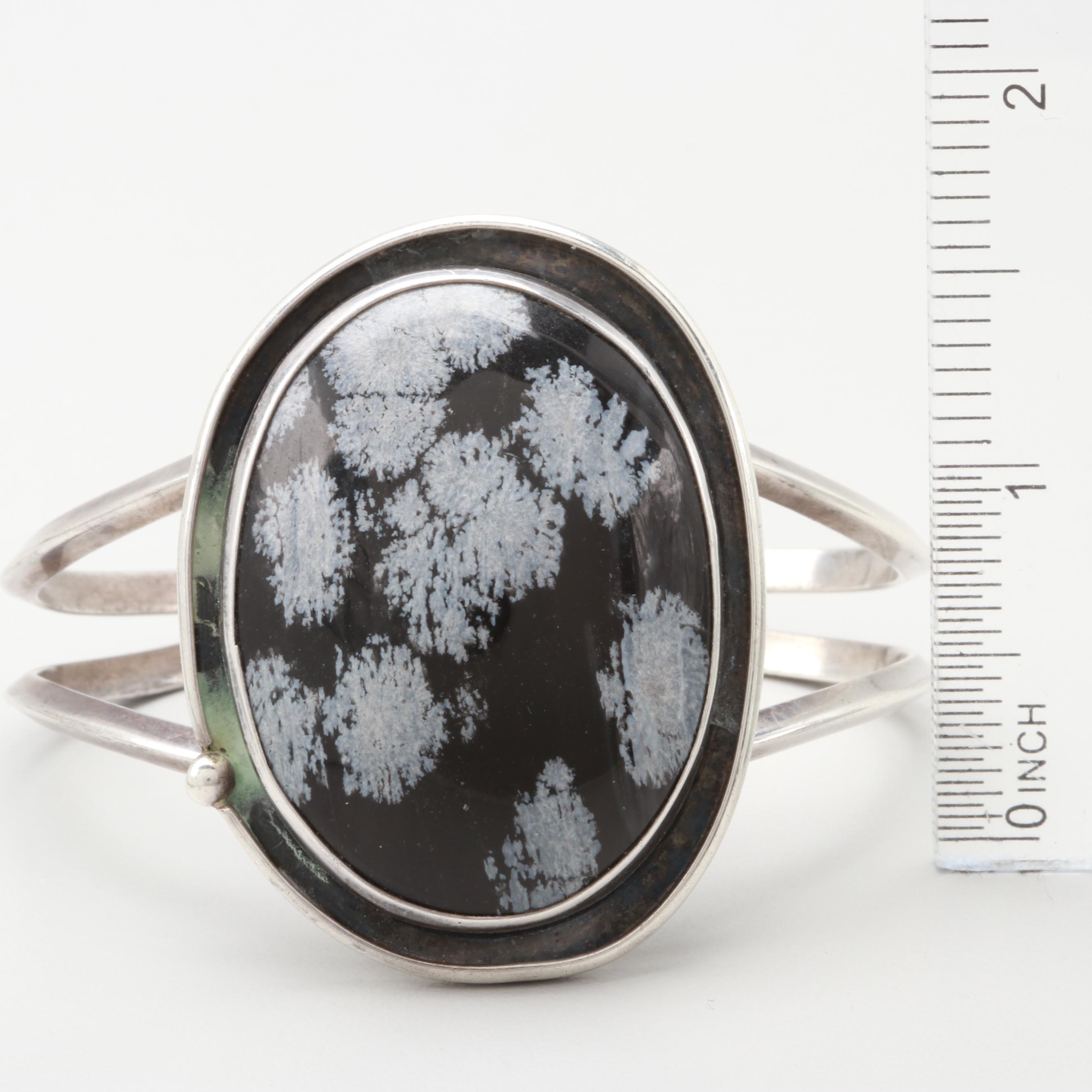 Vintage Sterling Silver Snowflake Obsidian Cabochon Bracelet