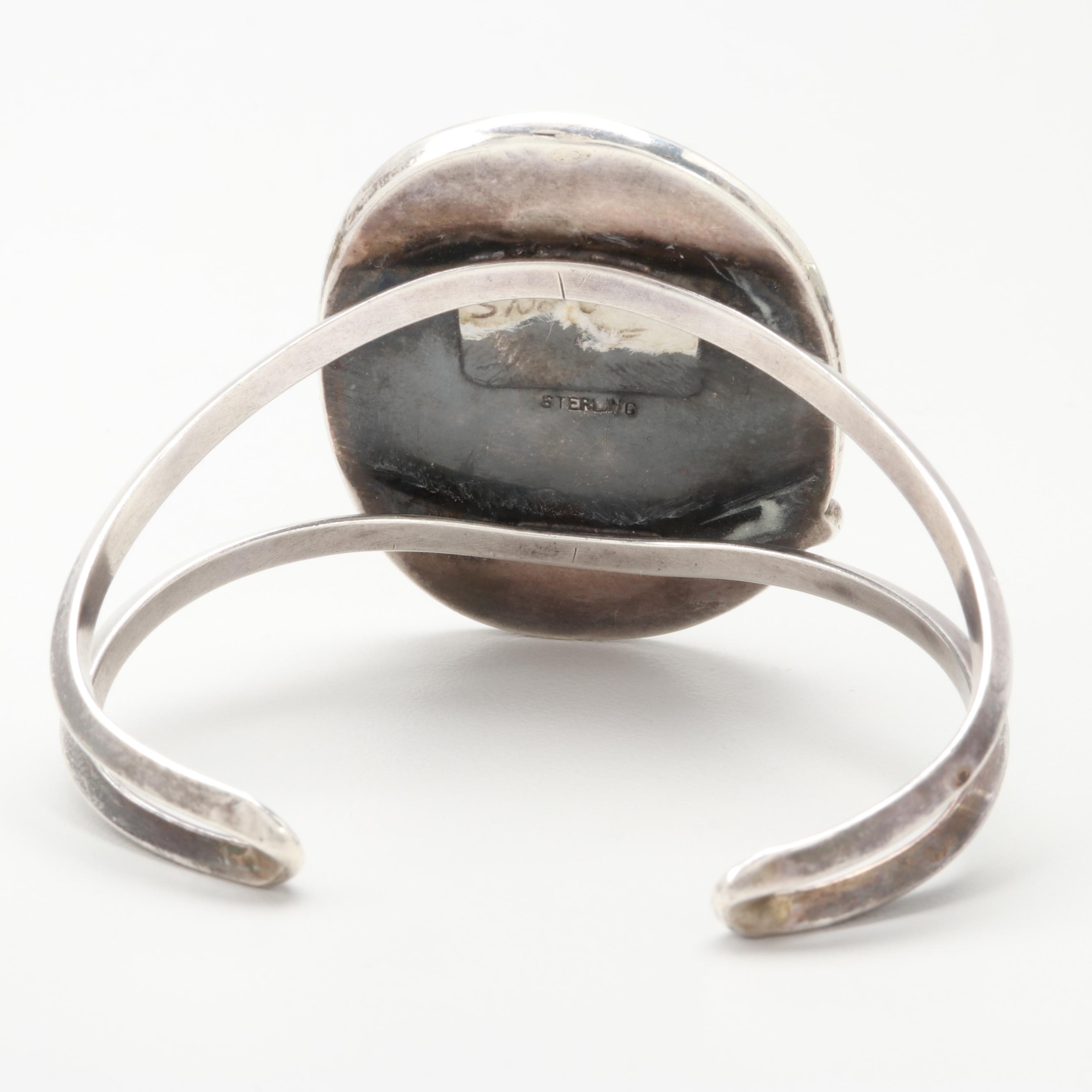 Vintage Sterling Silver Snowflake Obsidian Cabochon Bracelet