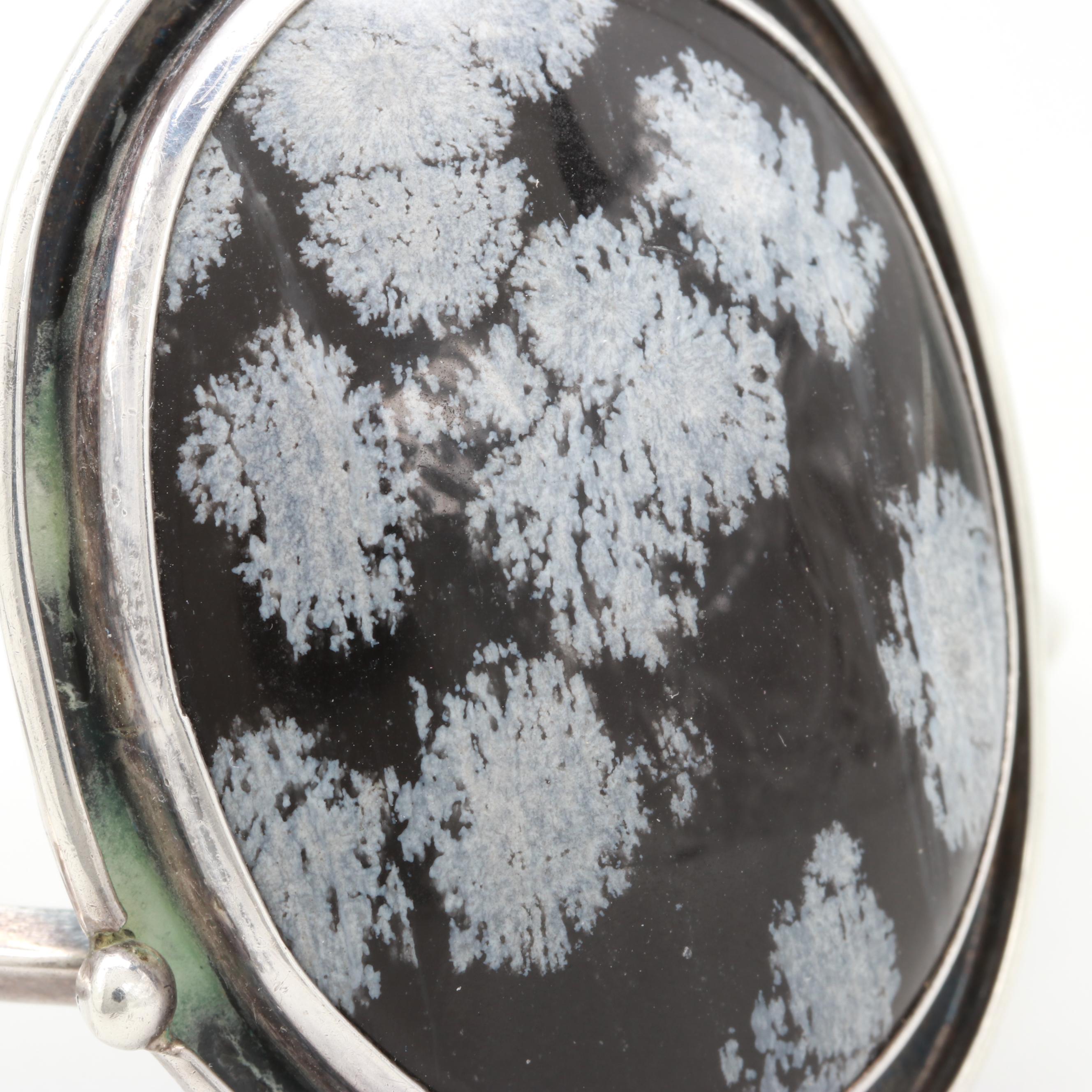Vintage Sterling Silver Snowflake Obsidian Cabochon Bracelet