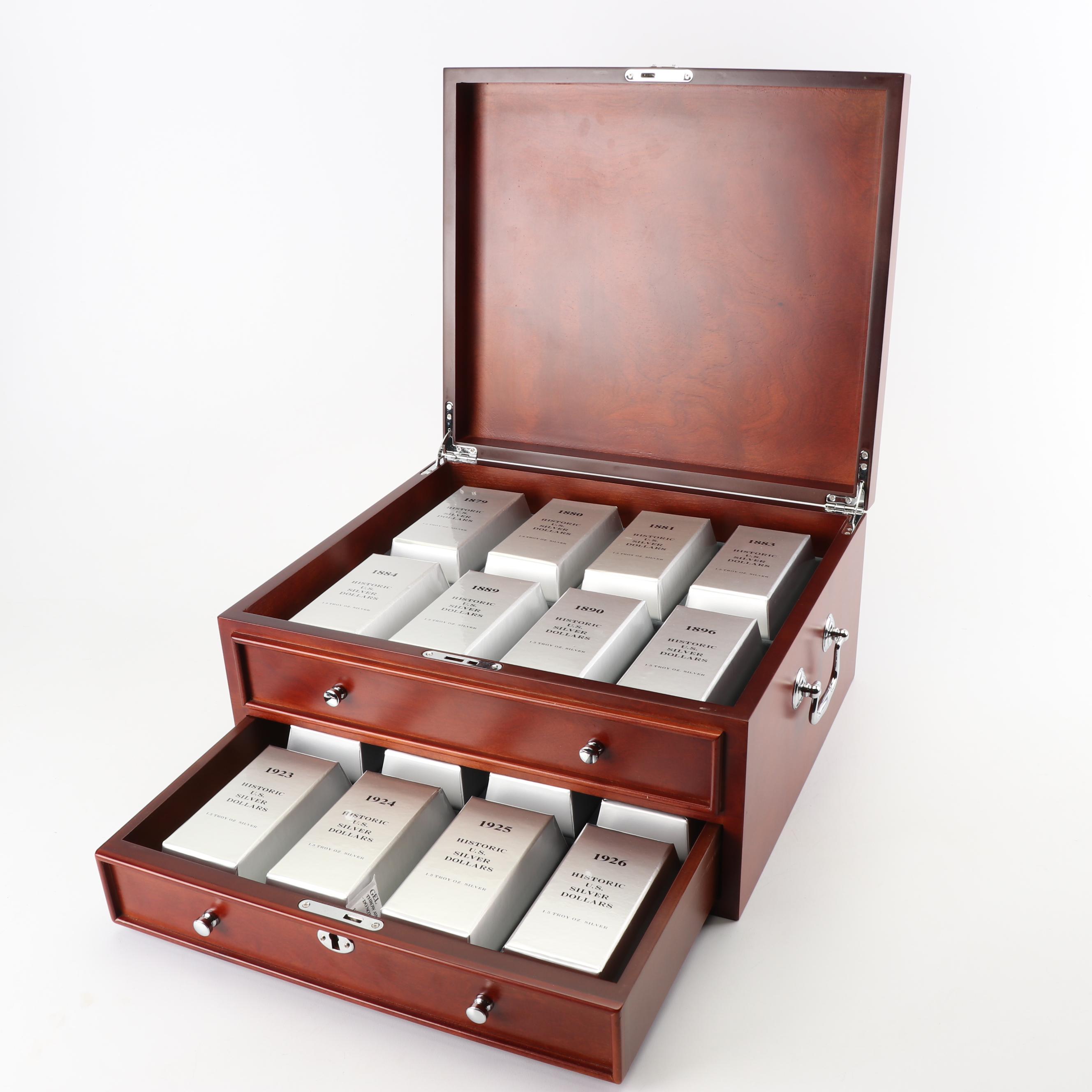 Historic U.S. Silver Dollar Collection in Display Case, 1879-1926