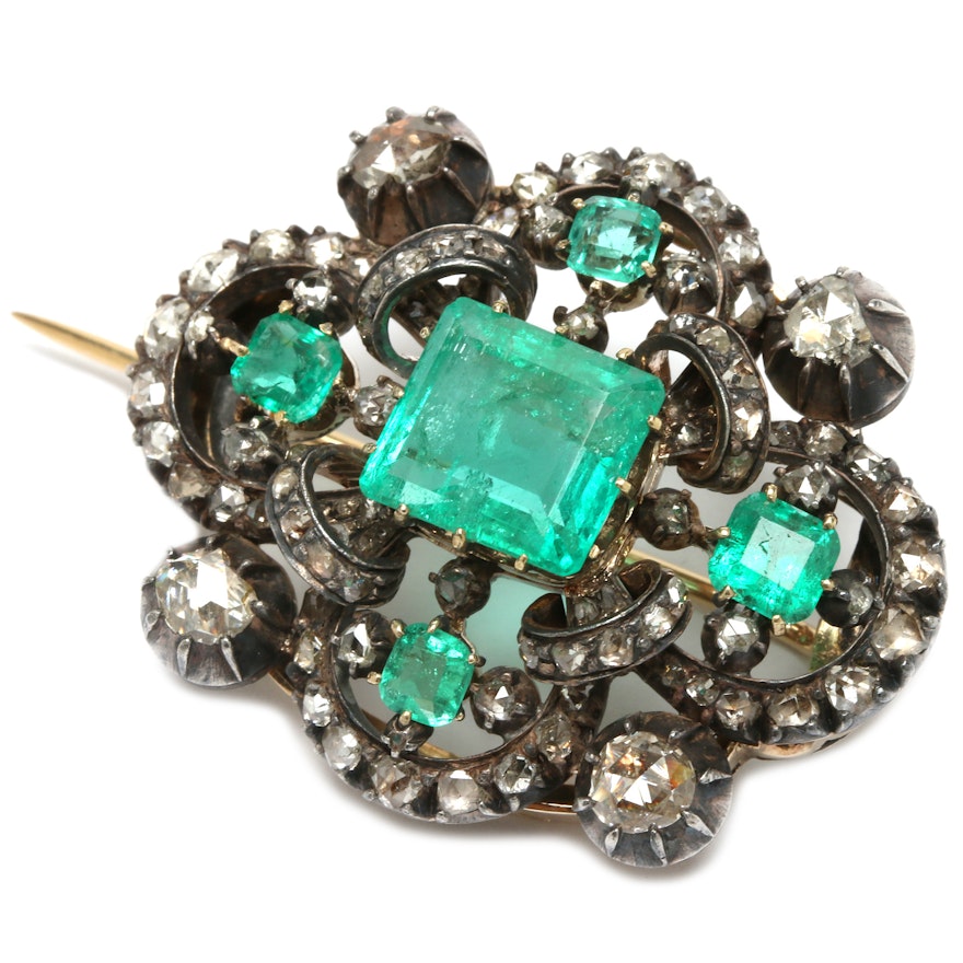 Sterling and 14K Emerald and 1.01 CTW Diamond Brooch with GIA Report
