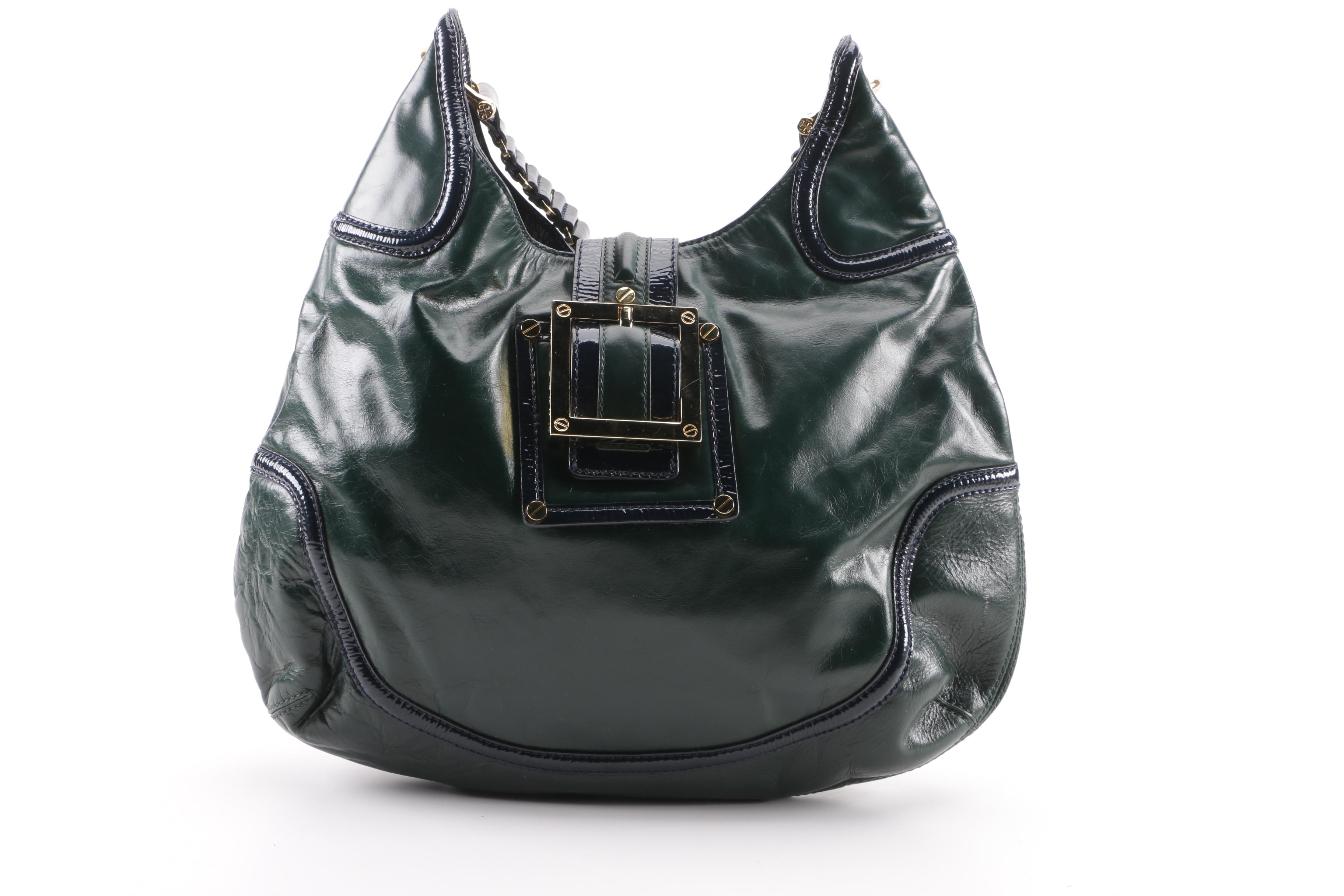 Tory Burch Forest Green and Navy Blue Leather Hobo Bag