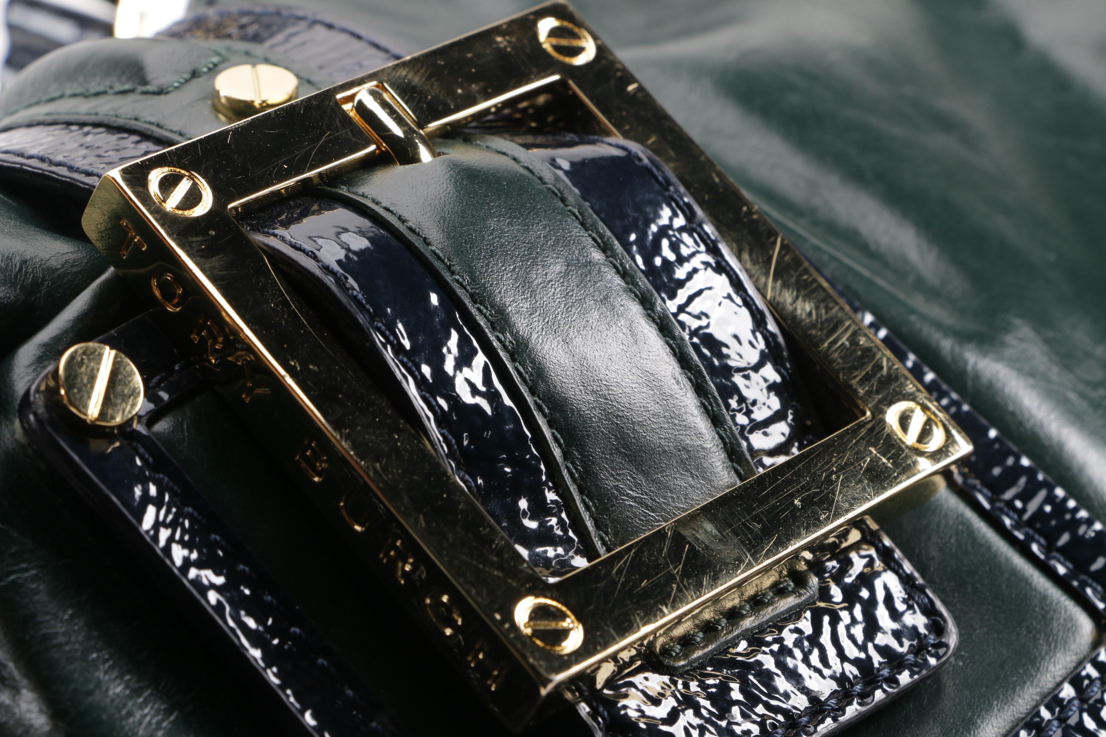 Tory Burch Forest Green and Navy Blue Leather Hobo Bag