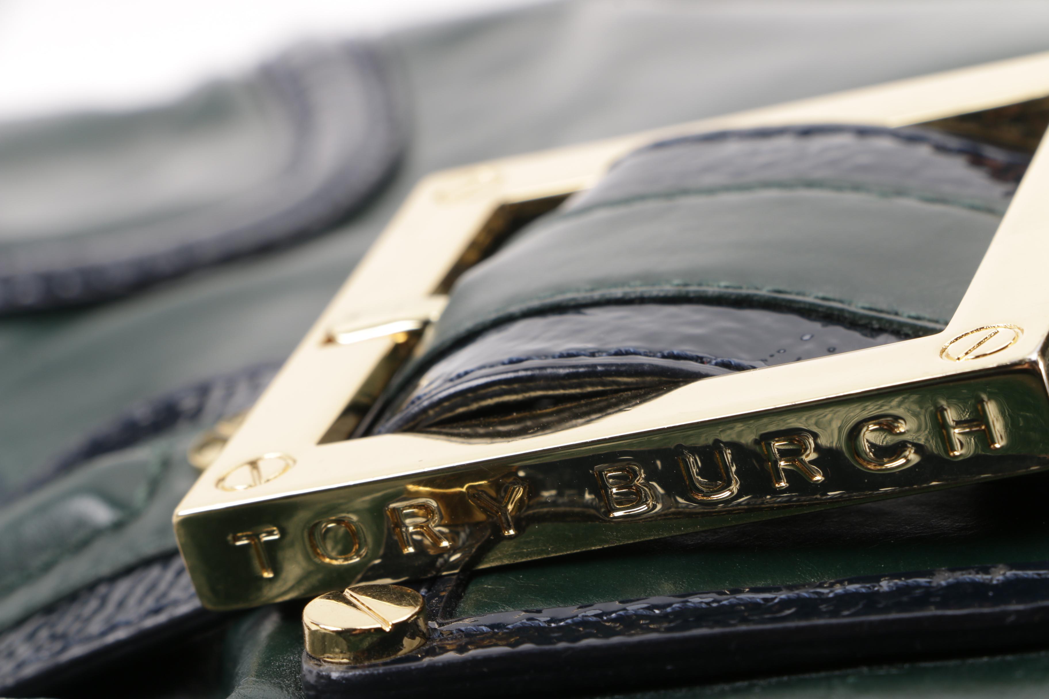 Tory Burch Forest Green and Navy Blue Leather Hobo Bag