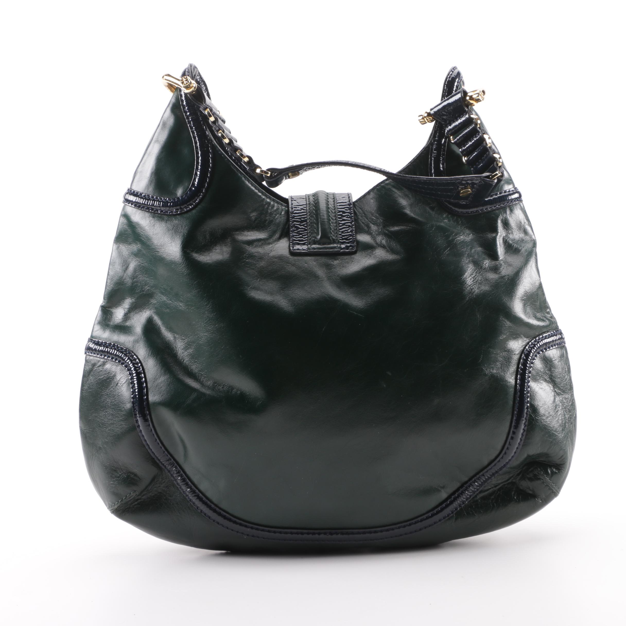 Tory Burch Forest Green and Navy Blue Leather Hobo Bag