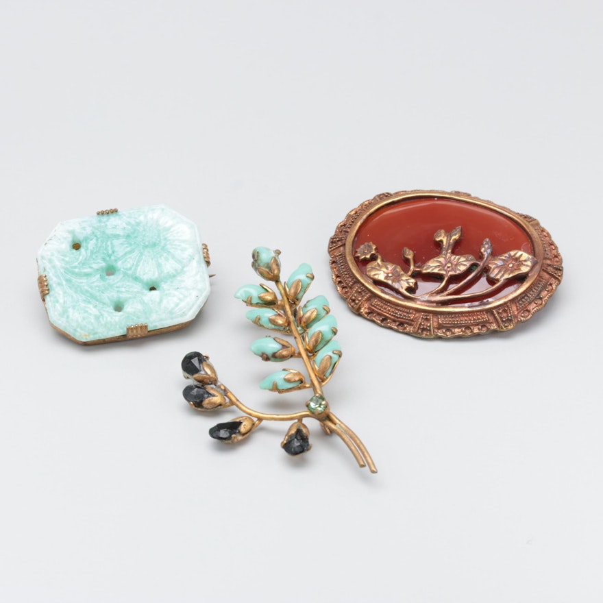 Collection of Vintage Victorian Floral Brooches including Poured, Pressed Glass