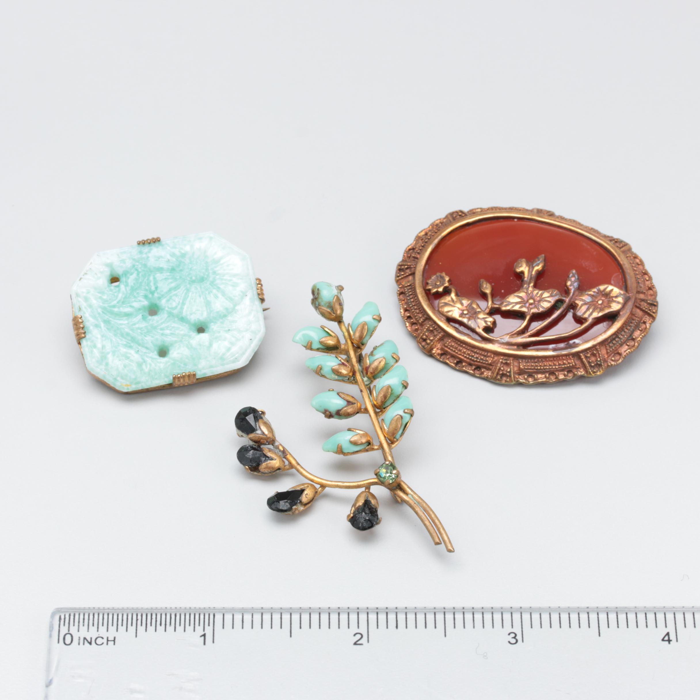 Collection of Vintage Victorian Floral Brooches including Poured, Pressed Glass