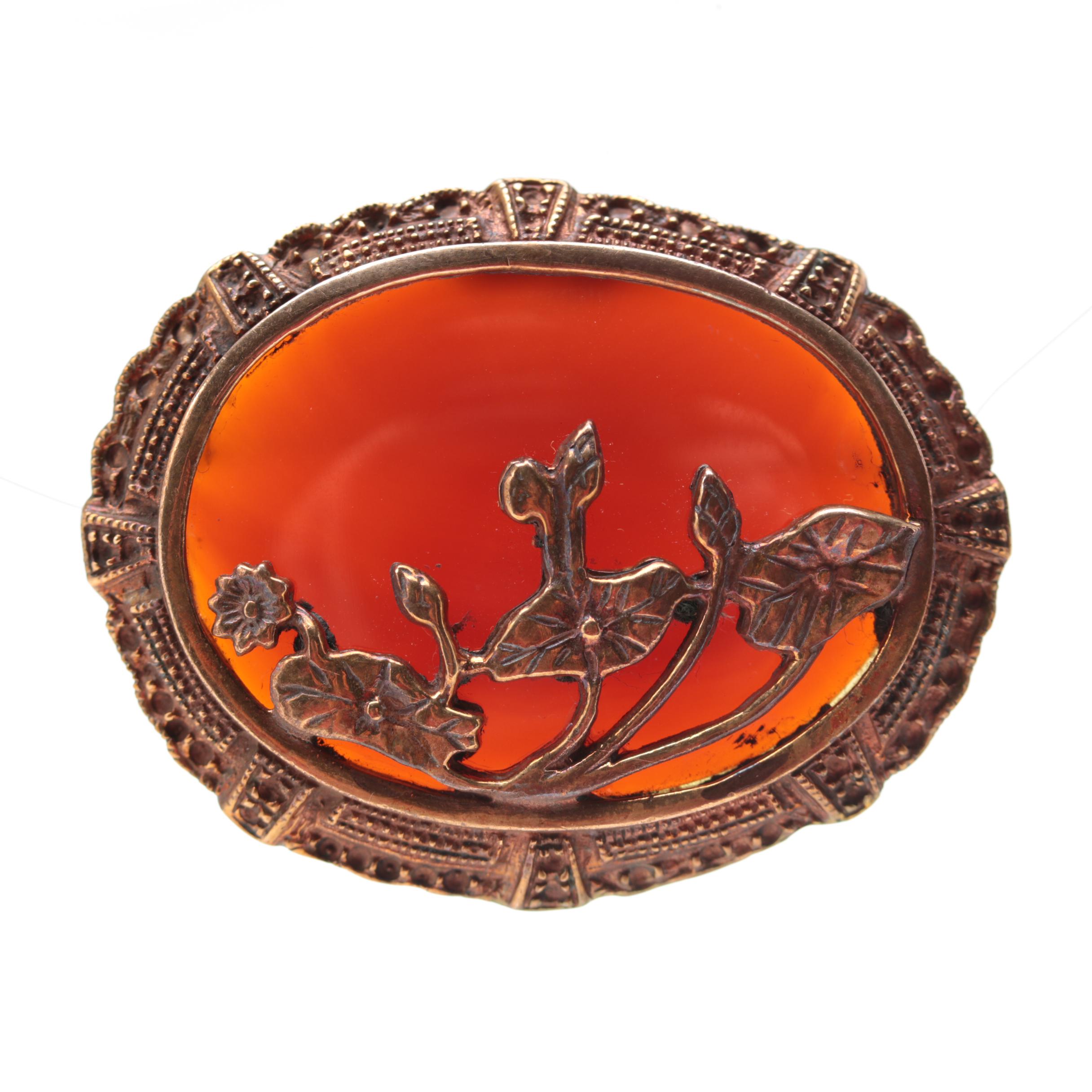 Collection of Vintage Victorian Floral Brooches including Poured, Pressed Glass