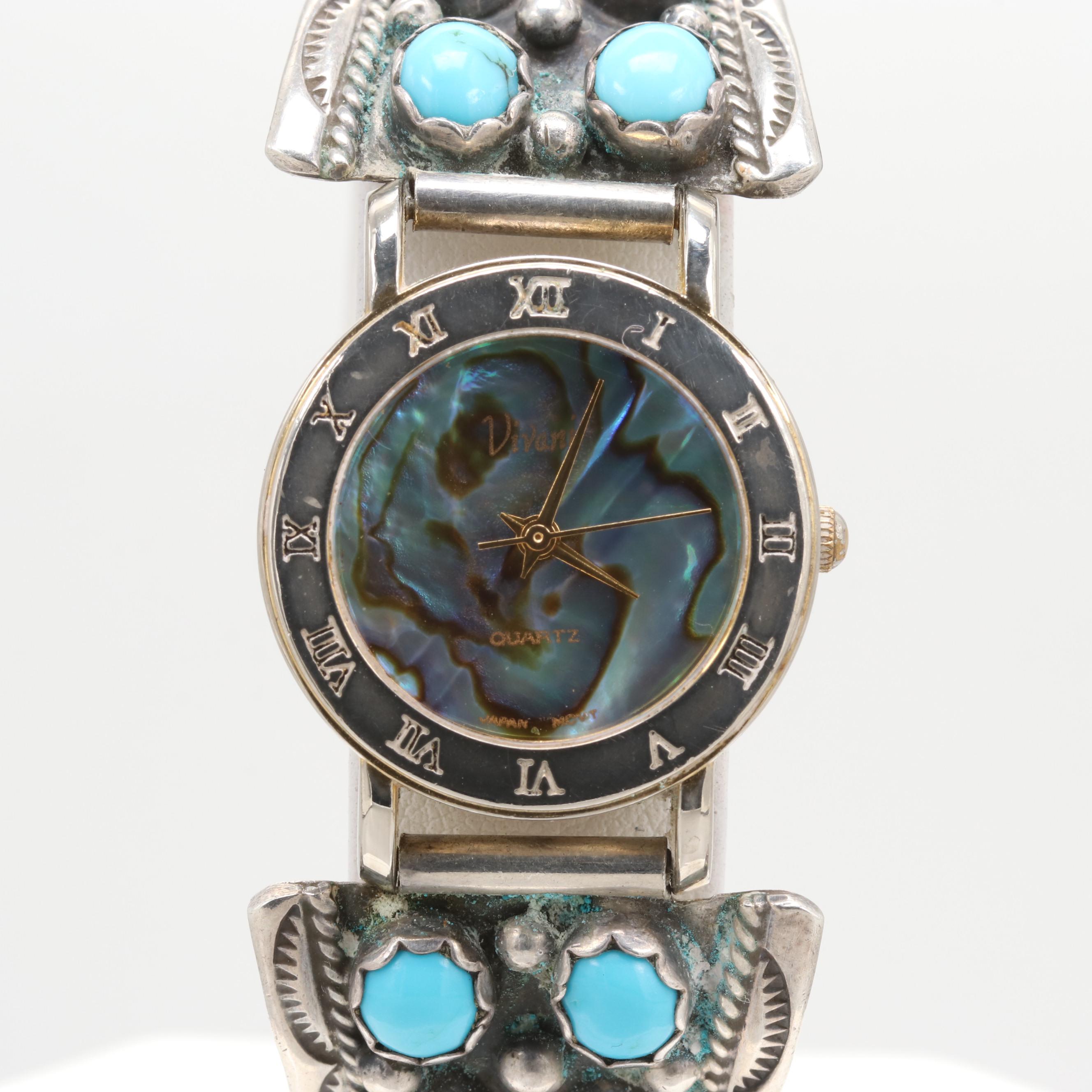 Vivani Quartz Watch With Southwestern Style Sterling Silver Turquoise Band