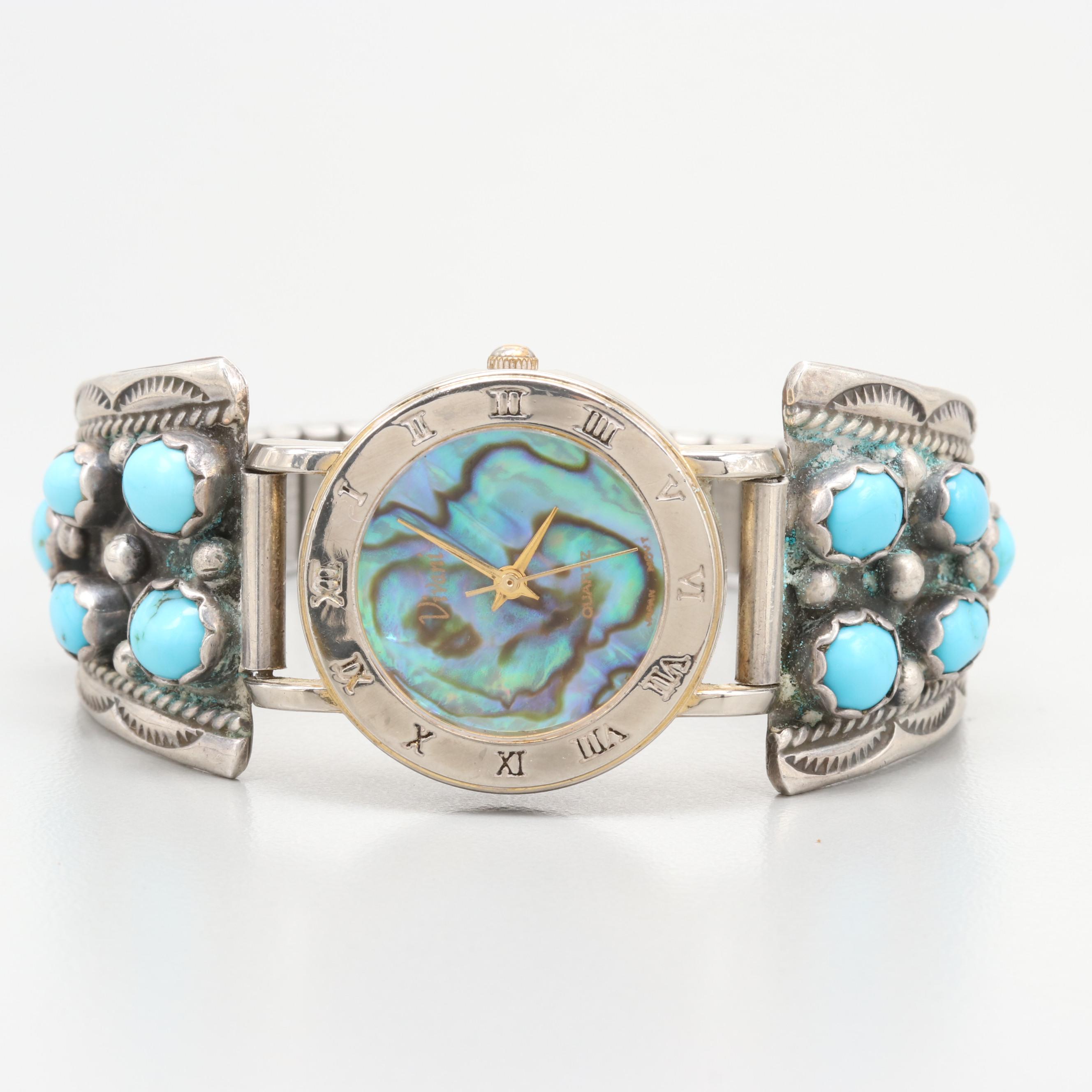 Vivani Quartz Watch With Southwestern Style Sterling Silver Turquoise Band