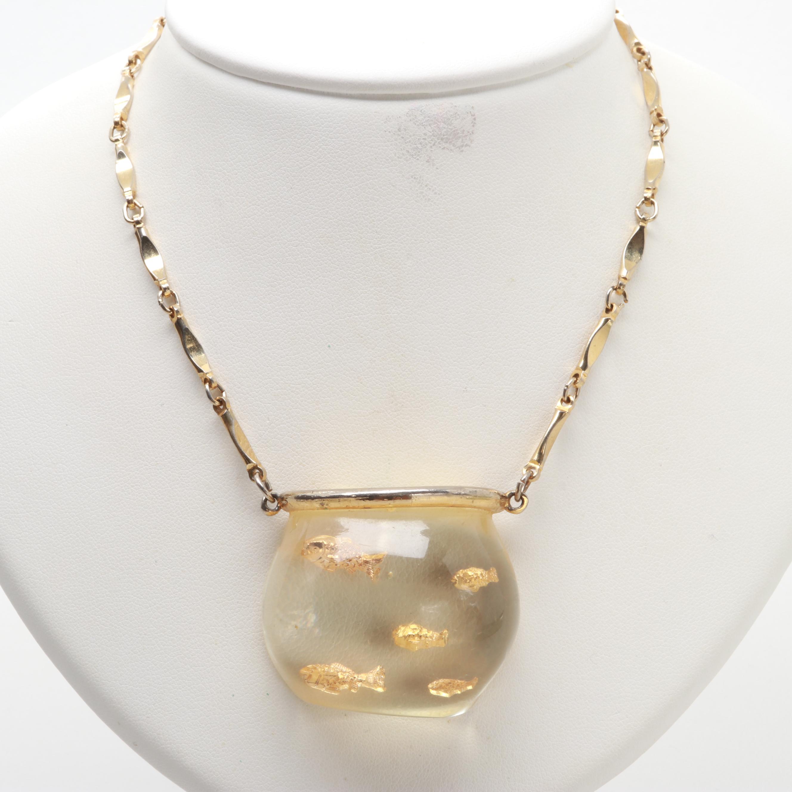 Gold Tone Acrylic Fishbowl Necklace