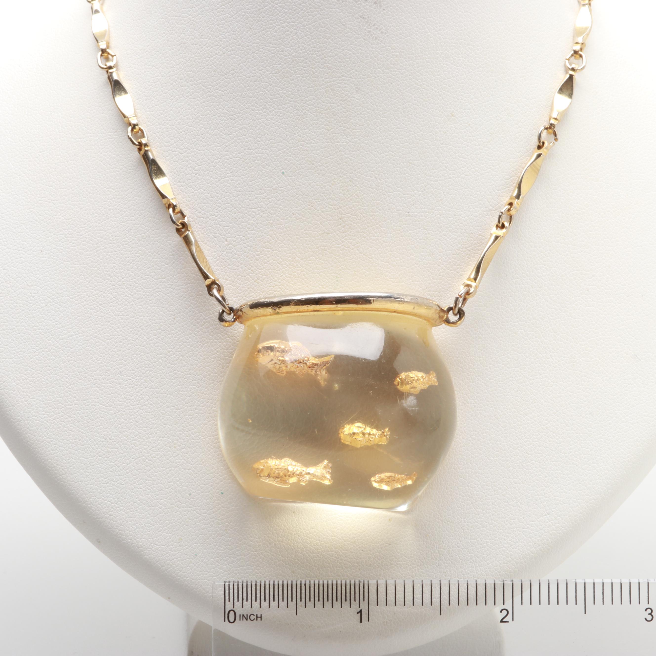 Gold Tone Acrylic Fishbowl Necklace