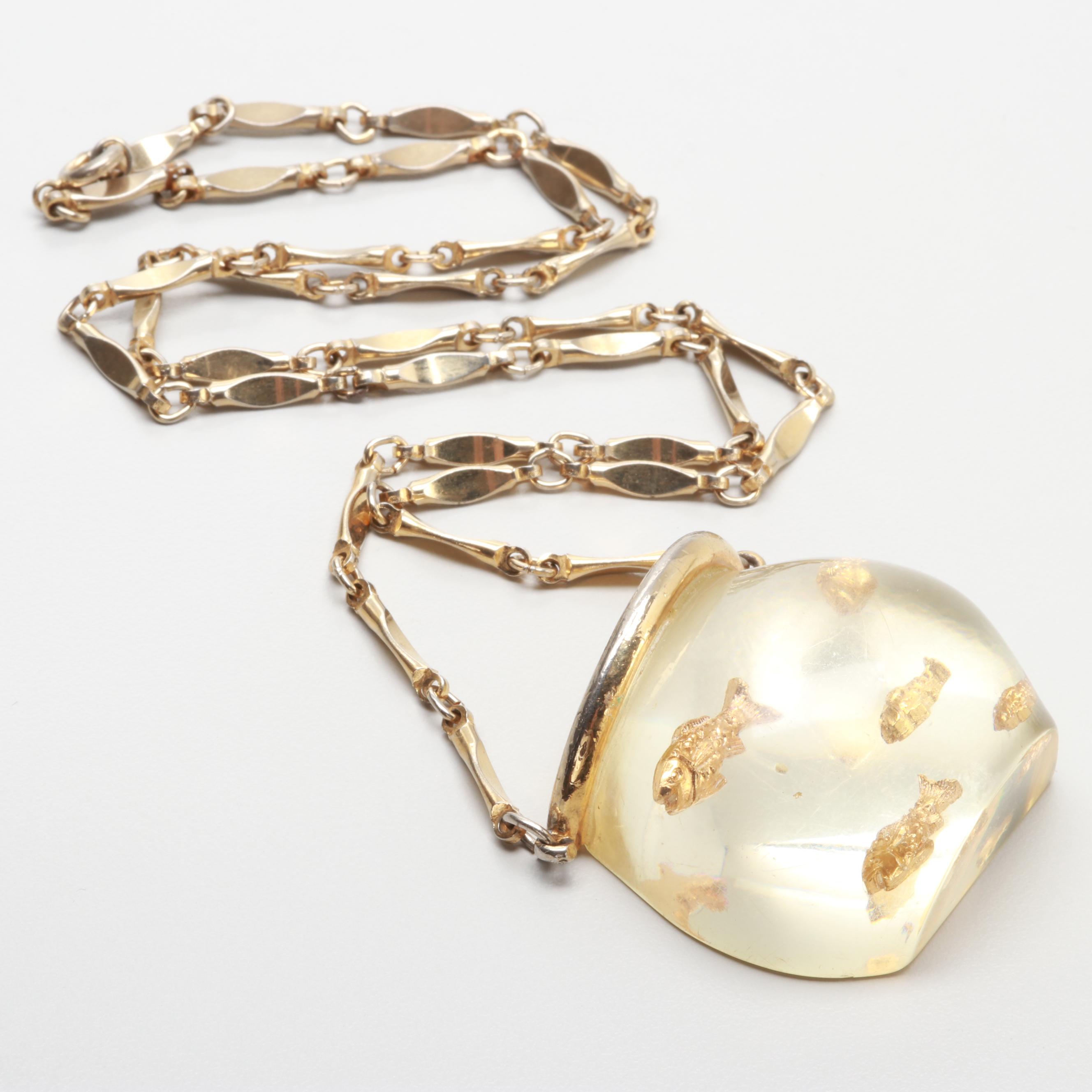 Gold Tone Acrylic Fishbowl Necklace