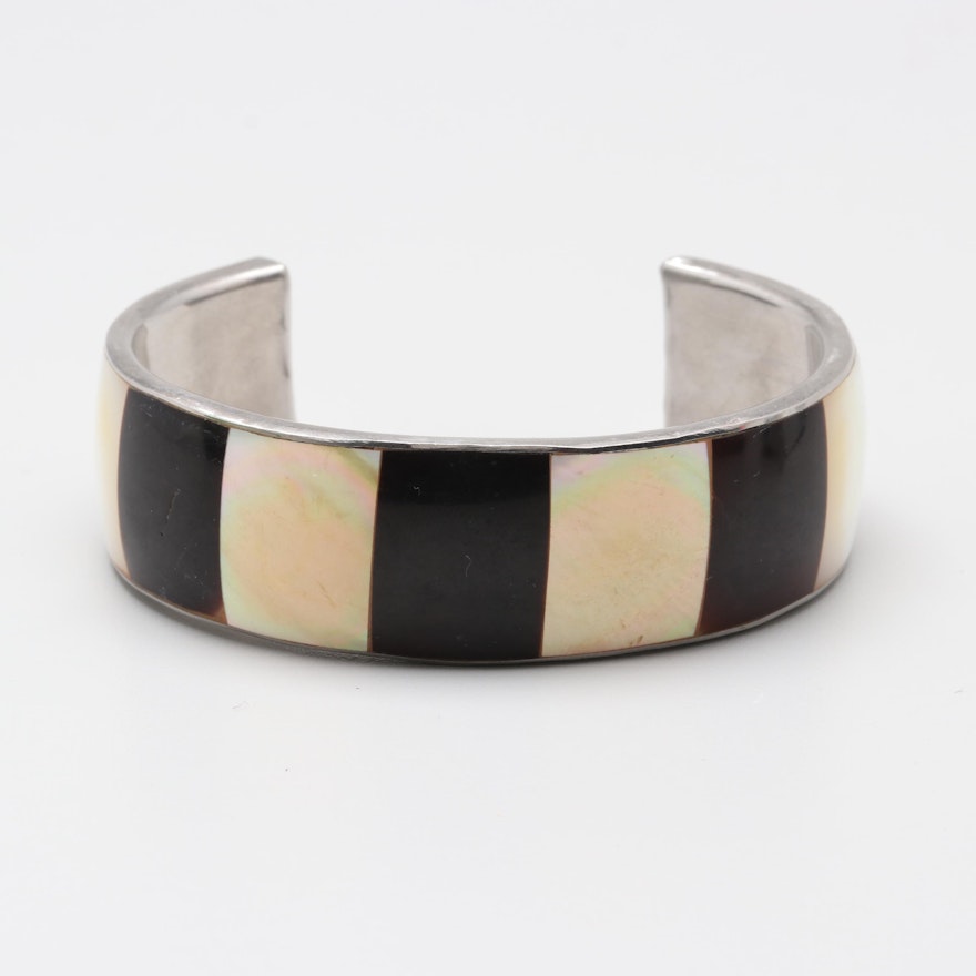 Silver Tone Mother of Pearl and Shell Cuff Bracelet