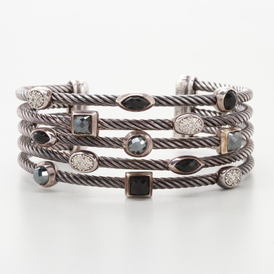 David Yurman "Confetti" Sterling Silver Diamond, Hematite and Onyx Cuff Bracelet