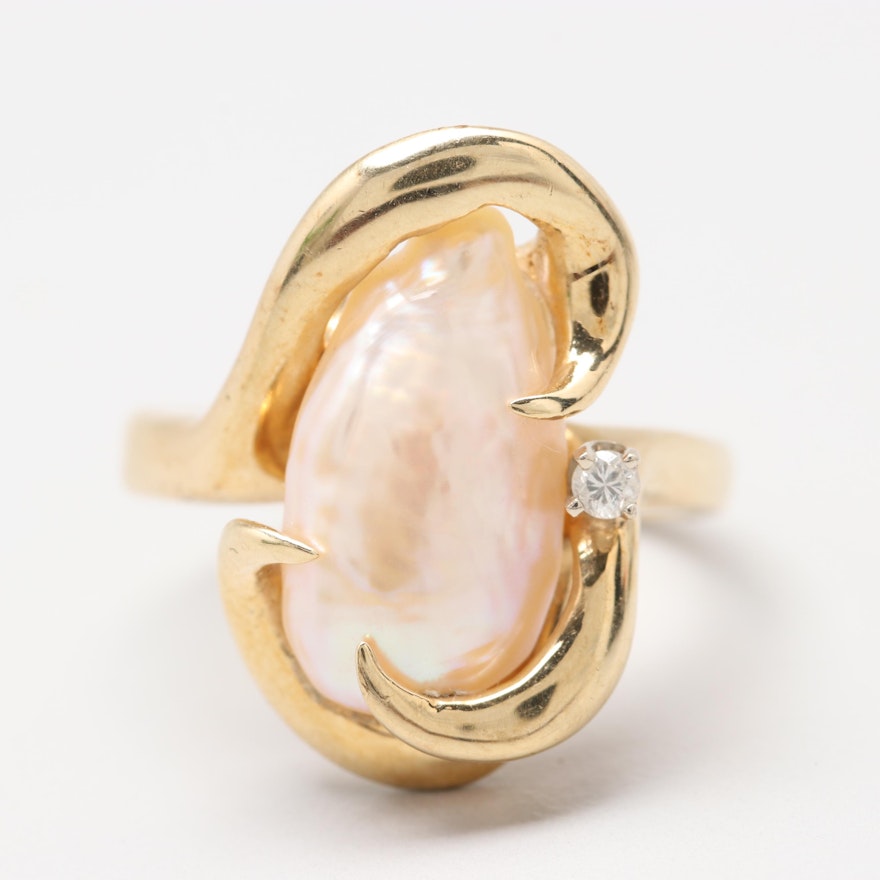 14K Yellow Gold Diamond and Cultured Baroque Pearl Ring
