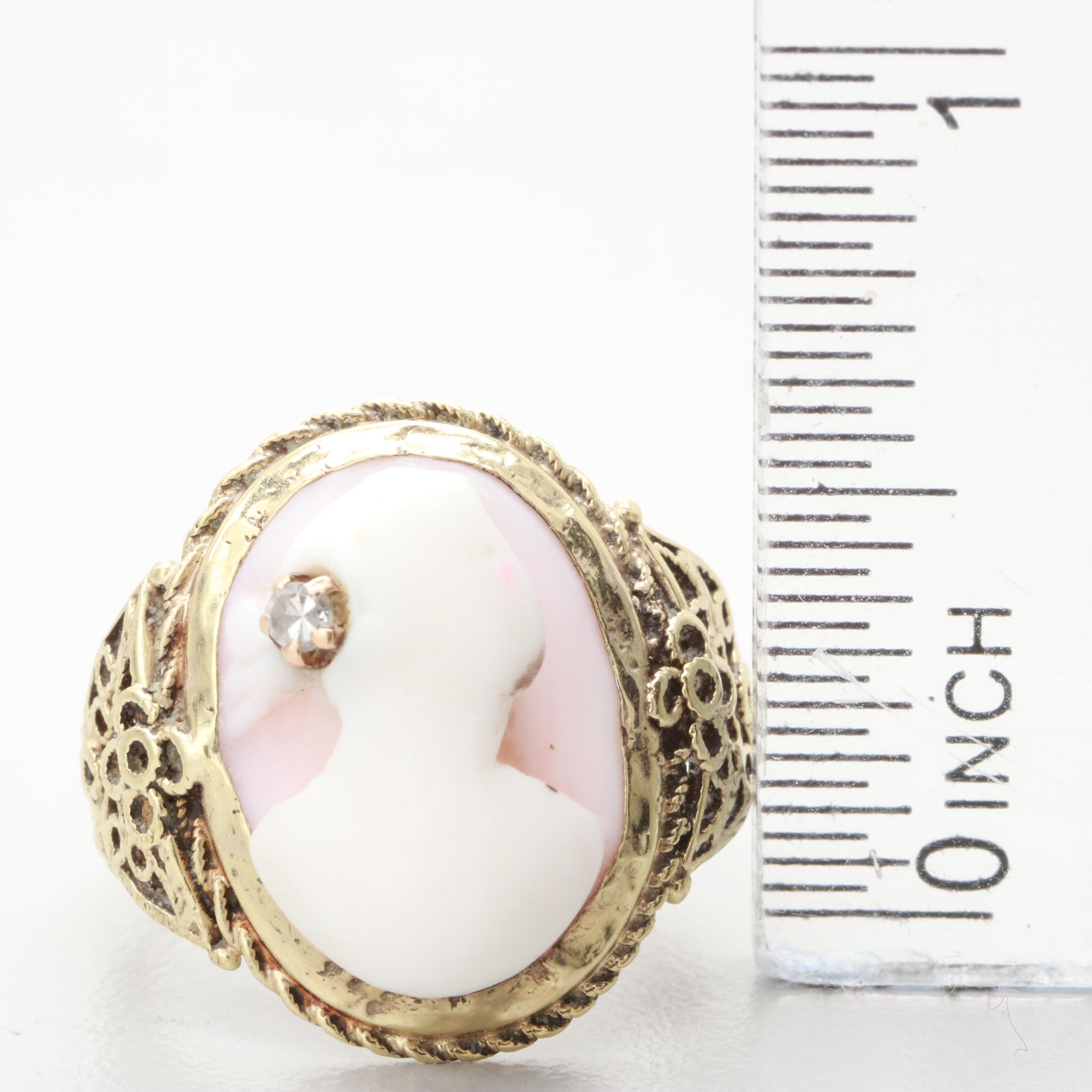 Antique Victorian Gold, Shell Cameo with  Diamond Accent Ring