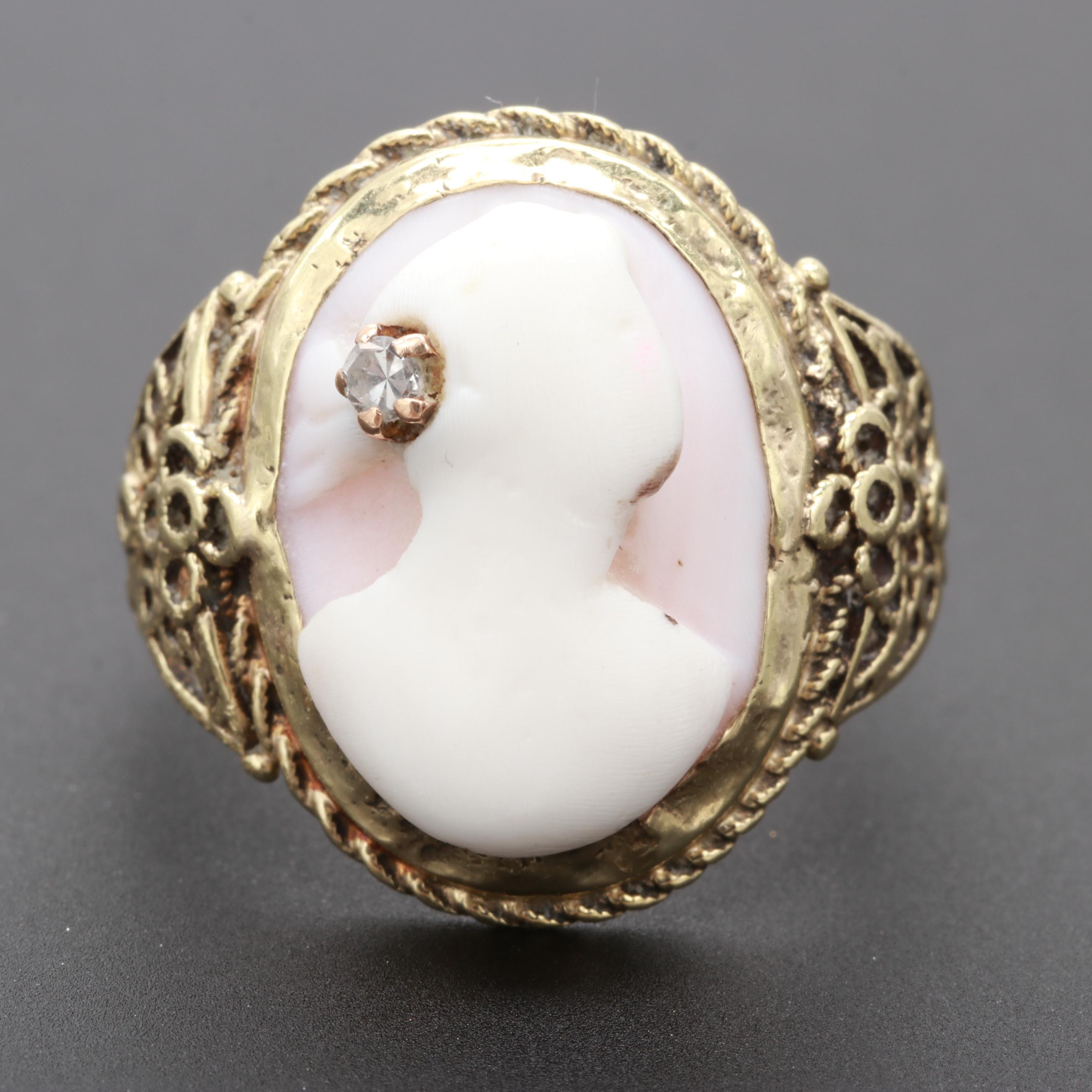 Antique Victorian Gold, Shell Cameo with  Diamond Accent Ring