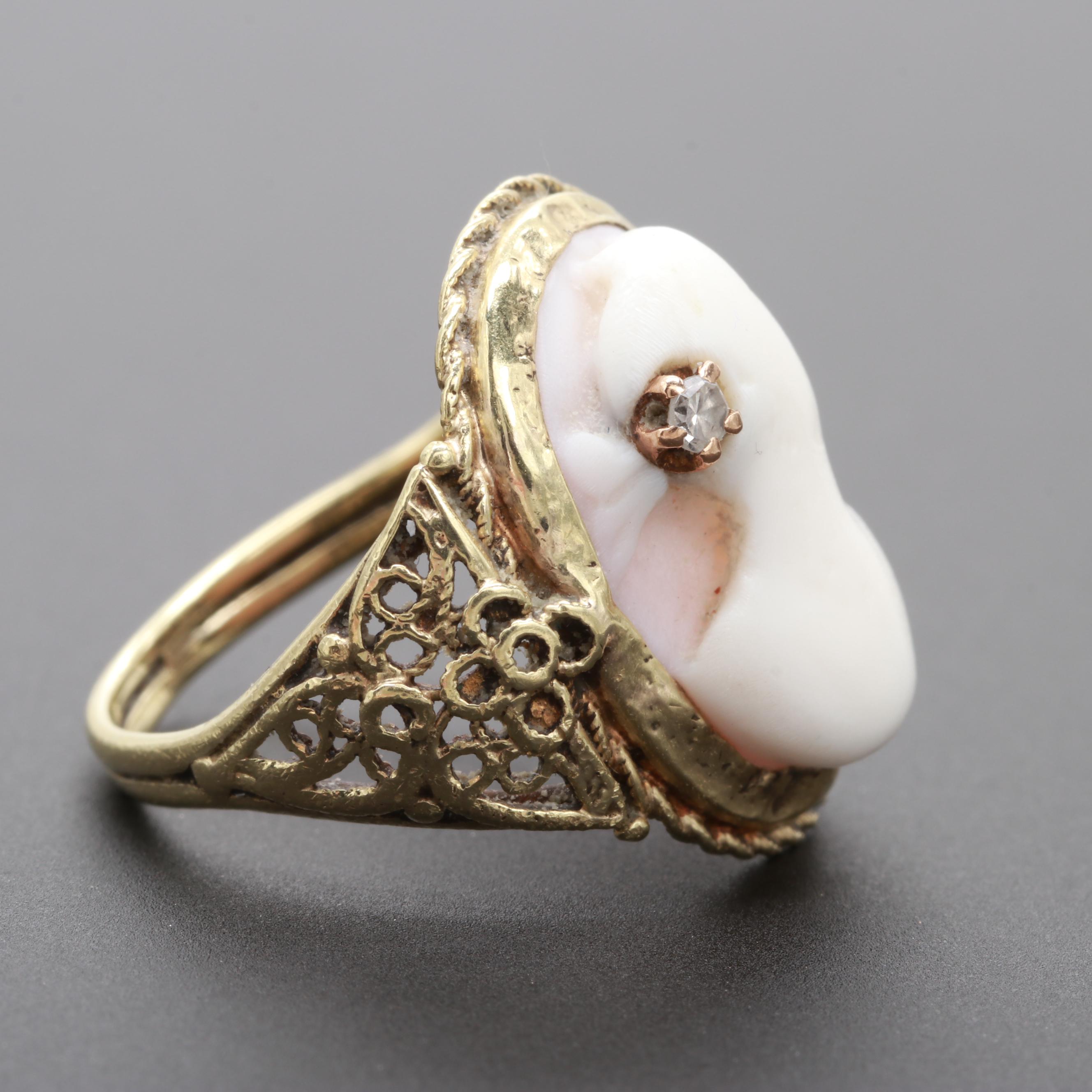 Antique Victorian Gold, Shell Cameo with  Diamond Accent Ring