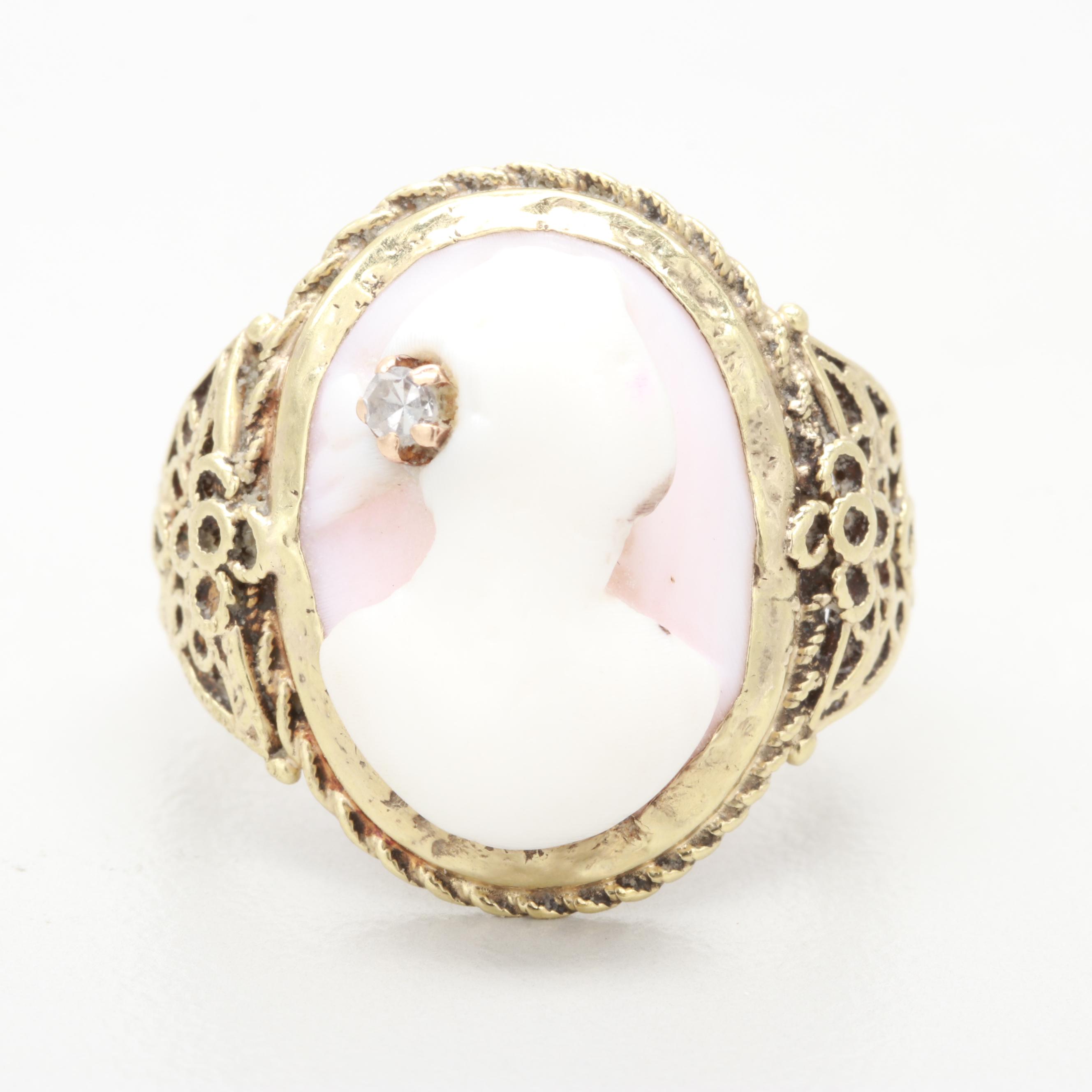 Antique Victorian Gold, Shell Cameo with  Diamond Accent Ring