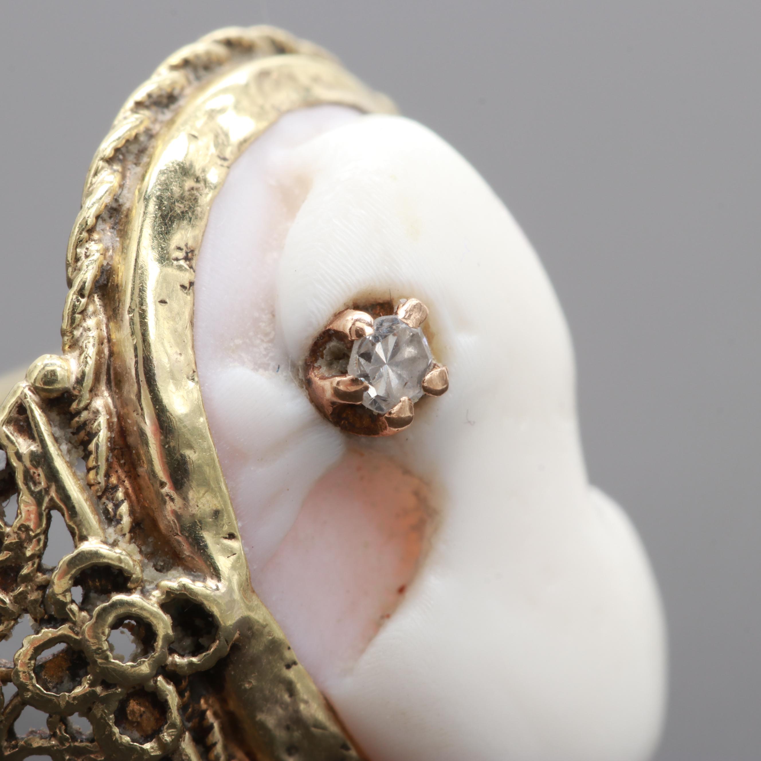 Antique Victorian Gold, Shell Cameo with  Diamond Accent Ring