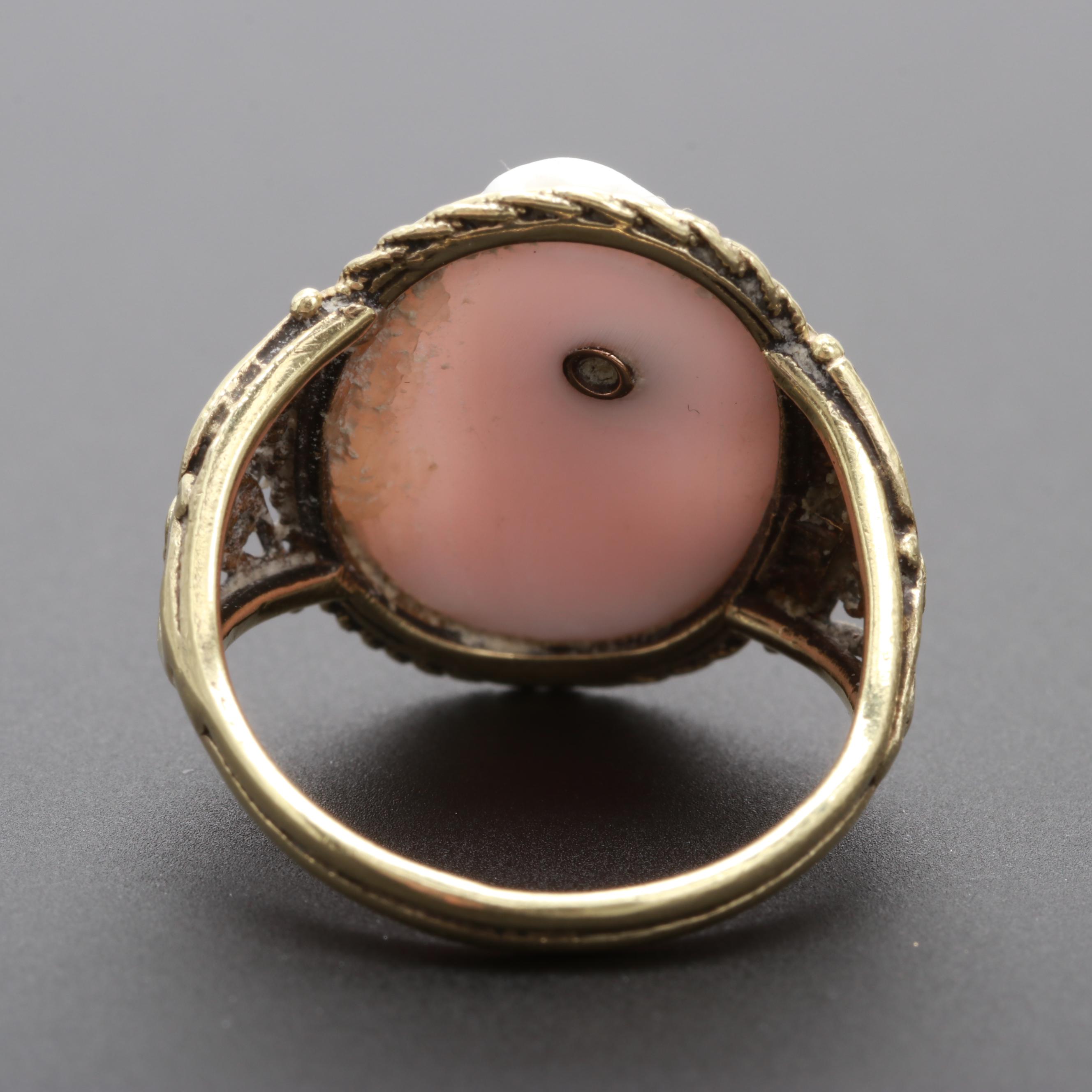 Antique Victorian Gold, Shell Cameo with  Diamond Accent Ring