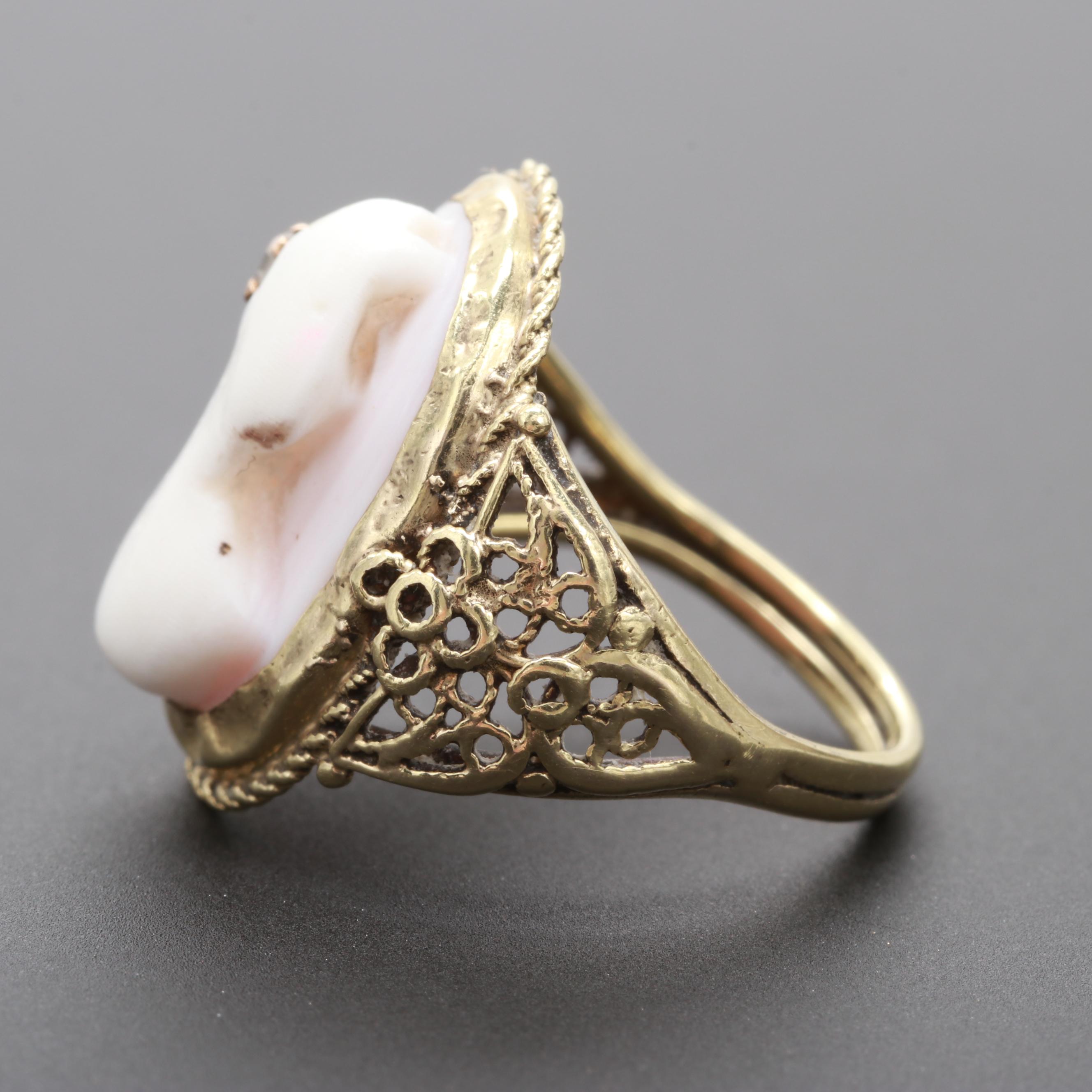 Antique Victorian Gold, Shell Cameo with  Diamond Accent Ring