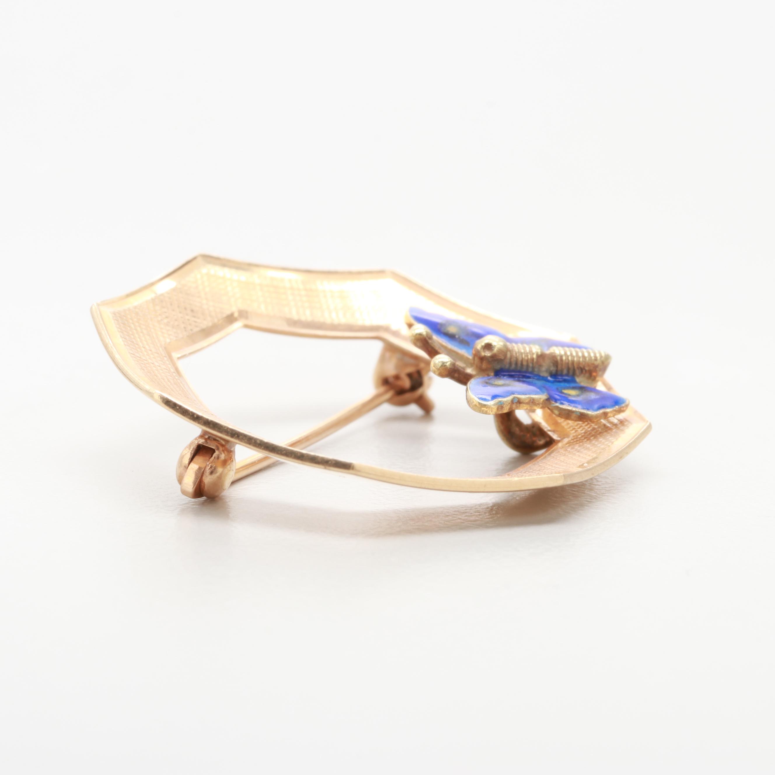 14K Yellow Gold Blue Enamel Butterfly Brooch